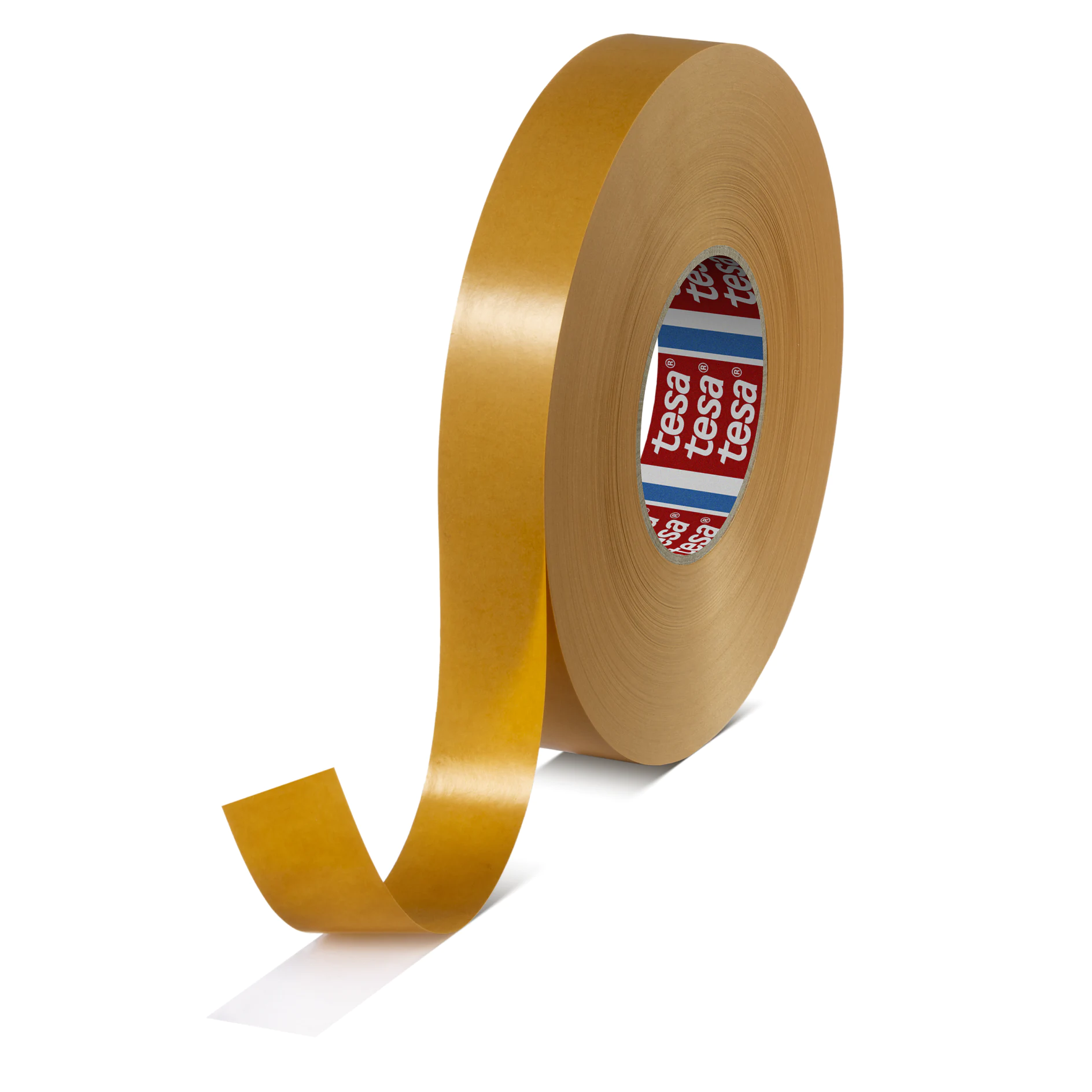 tesa brown adhesive tape roll with a partially unrolled strip on a white background (This text has been generated by AI)