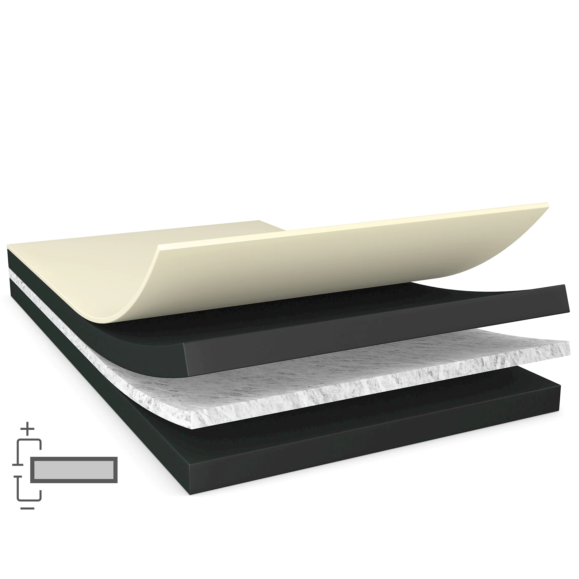 tesa adhesive tape layers separated, showing backing, adhesive, and release liner in a digital 3D illustration on white background (This text has been generated by AI)