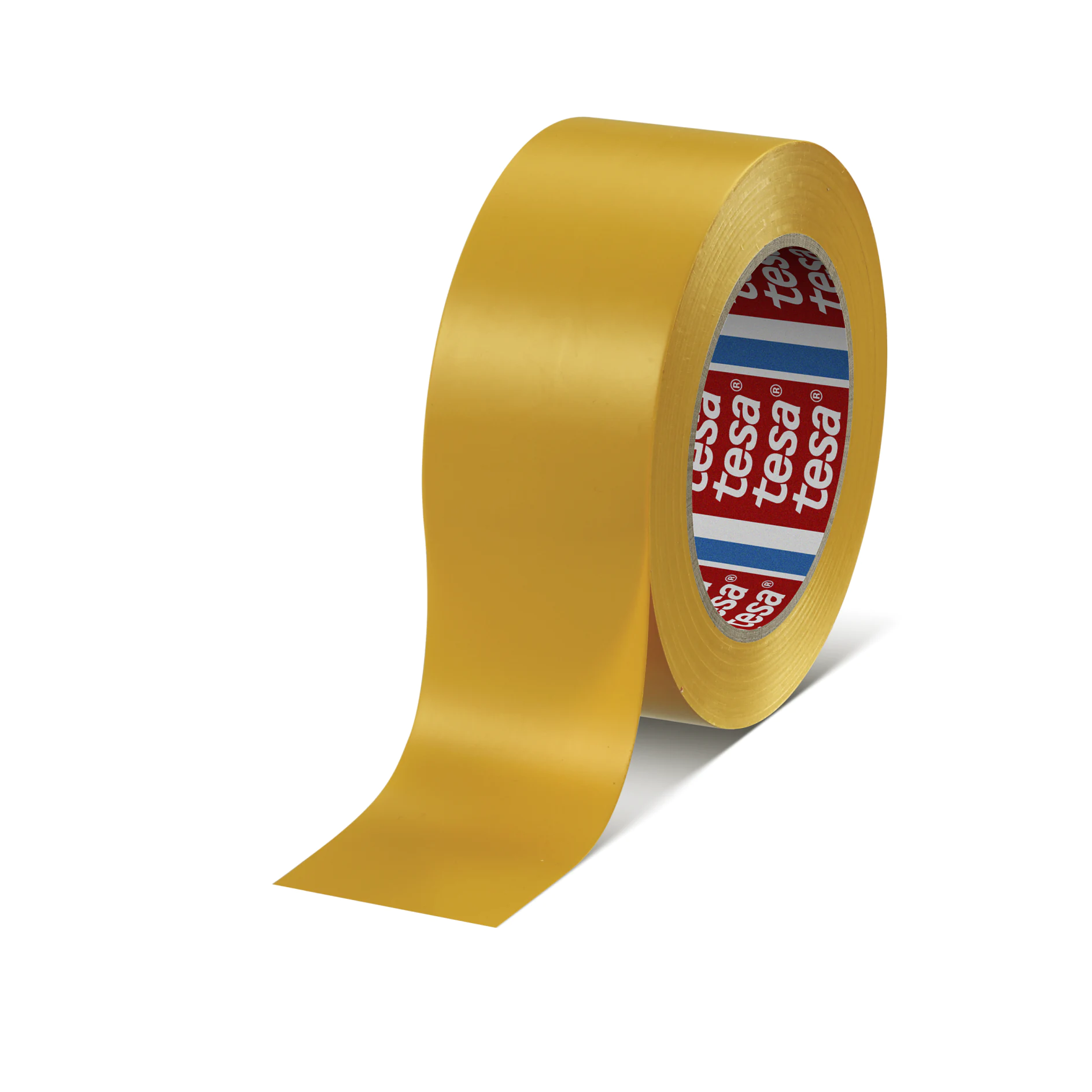 roll of yellow tesa adhesive tape standing upright on white background with a loose end extending forward (This text has been generated by AI)