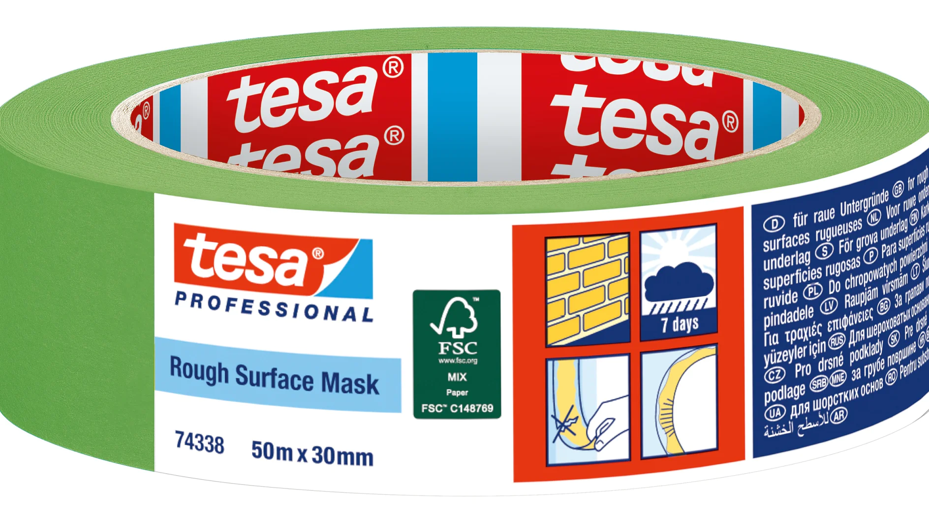 A roll of green masking tesa tape labeled tesa Professional Rough Surface Mask. It includes logos and illustrations indicating uses on rough surfaces, outdoor durability, and a seven-day duration. The tesa tape measures 50m x 30mm. (This text has been generated by AI)
