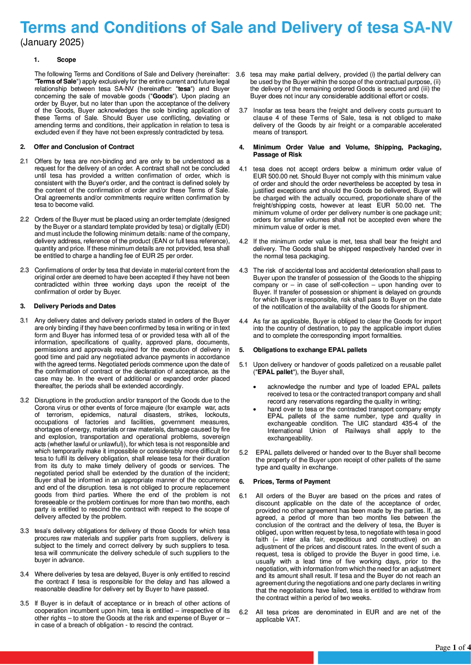 Terms and Conditions of Sale and Delivery of tesa SA-NV