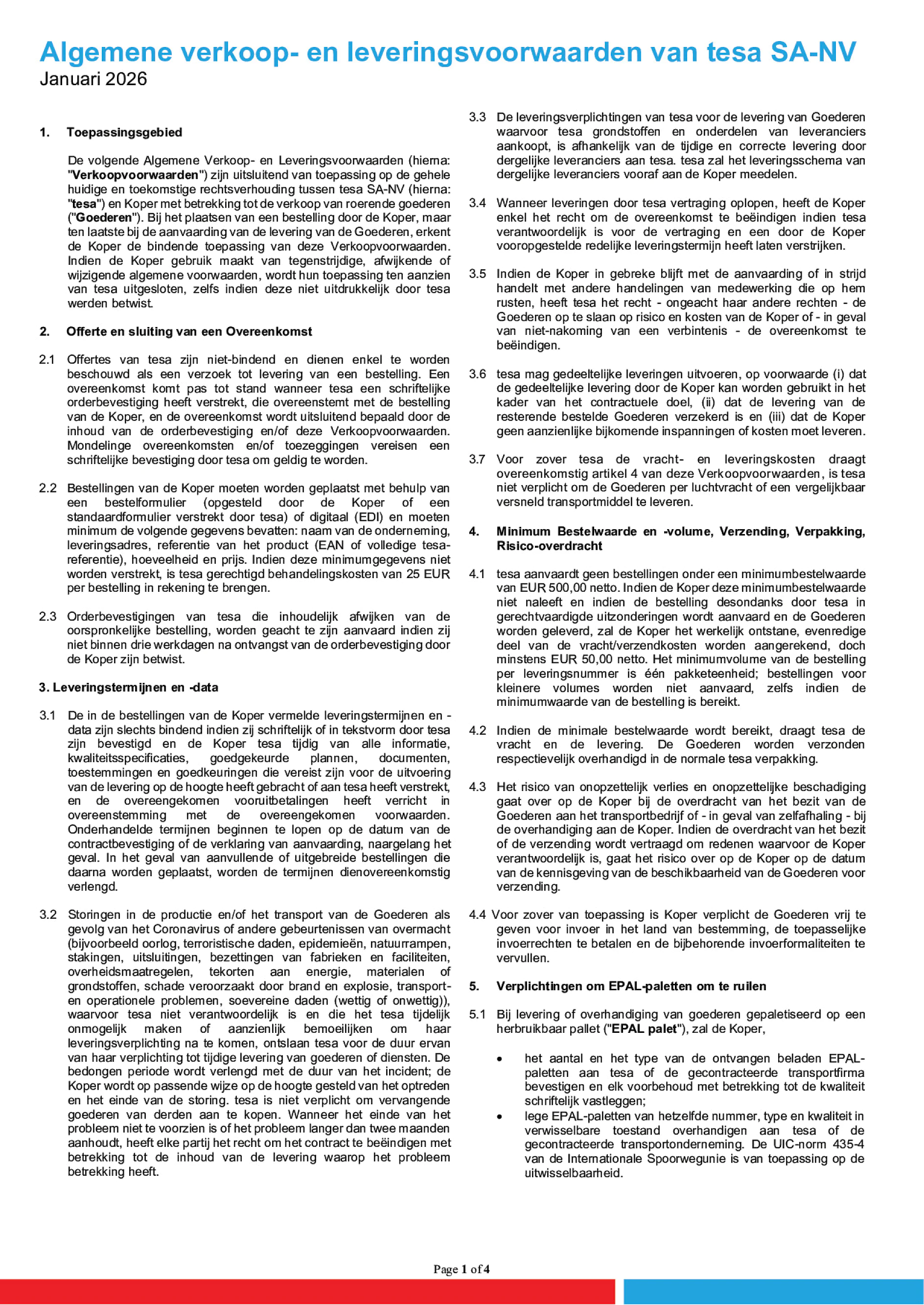 Algemene verkoop- en leveringsvoorwaarden van tesa SA-NV