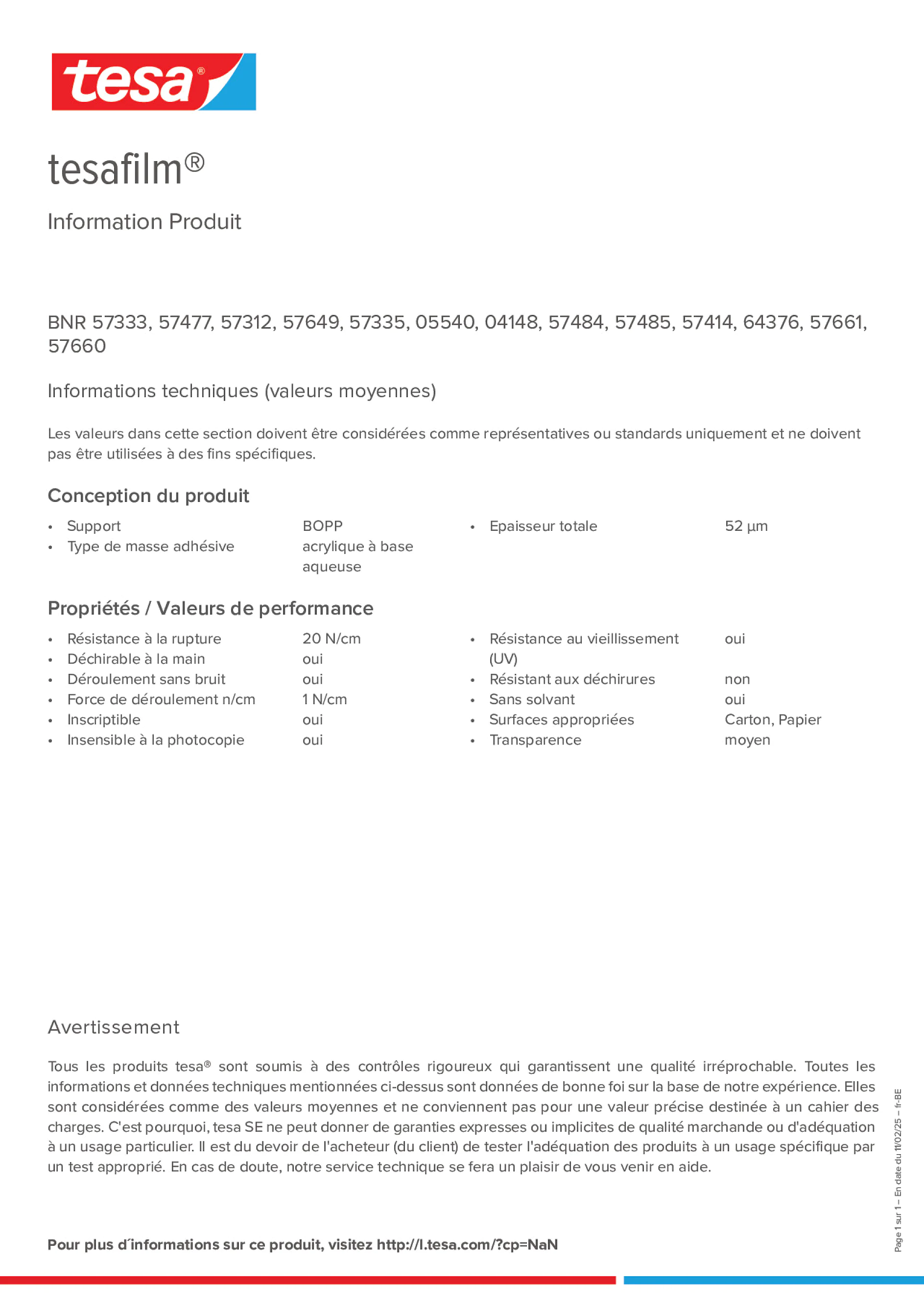 Product information_tesafilm® 57312_fr-BE_nl-BE