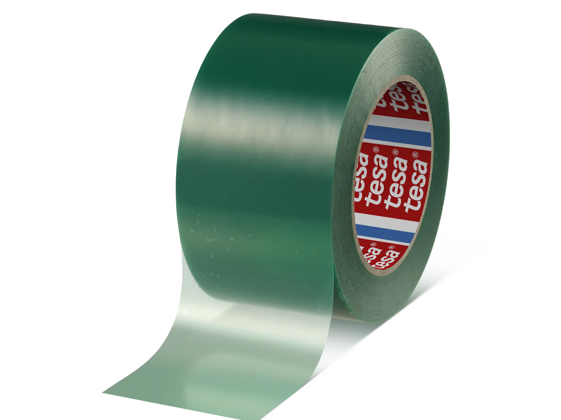 Green adhesive tape roll with partially unrolled strip, branded with tesa logo on the inner core, isolated on white background.
