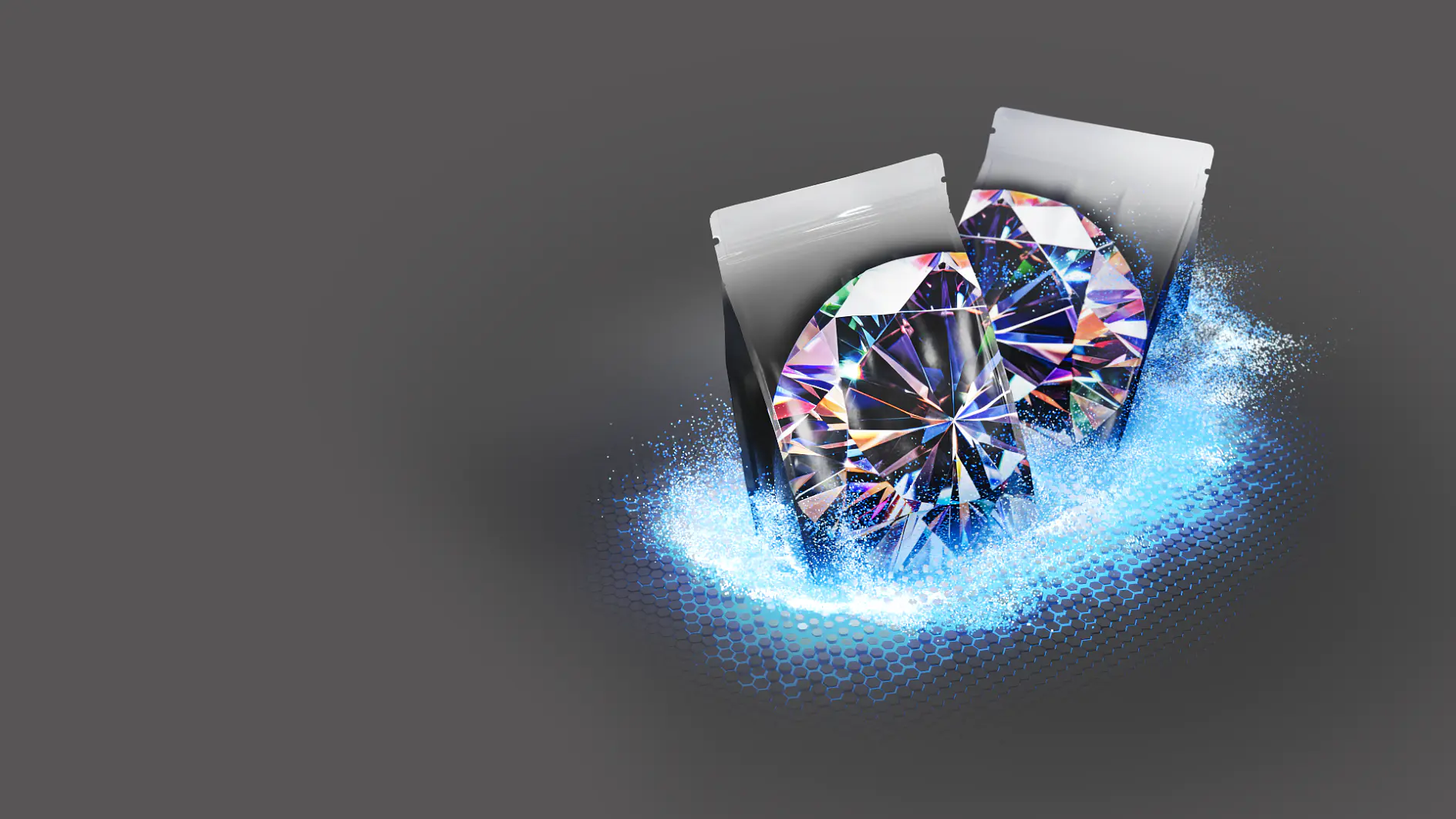 Two holographic-style diamonds partially emerge from silver foil packets on a gray background. Blue and white digital effects surround the base, giving a futuristic appearance.