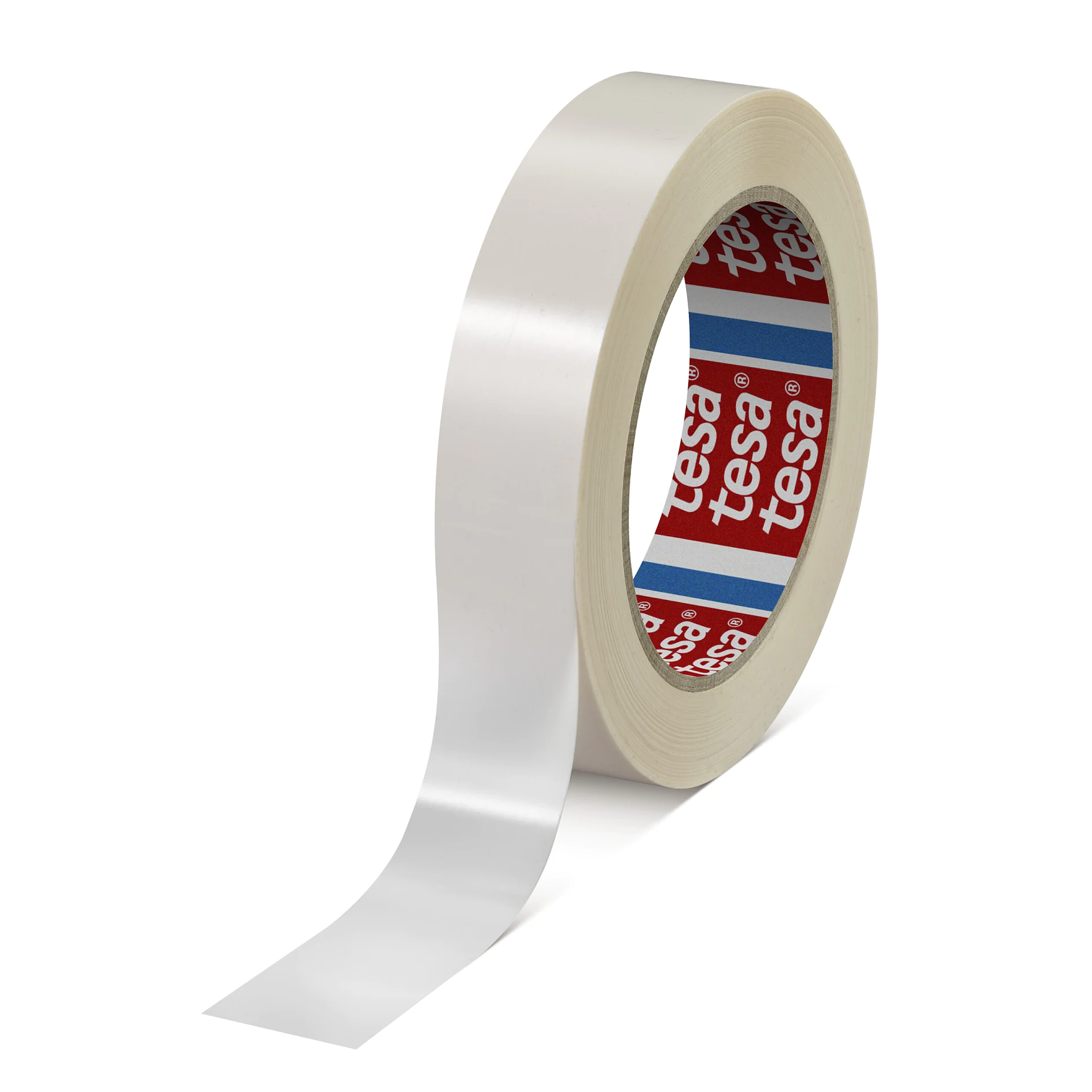 Roll of transparent tesa adhesive tape standing upright on a white background, partially unrolled. (This text has been generated by AI)