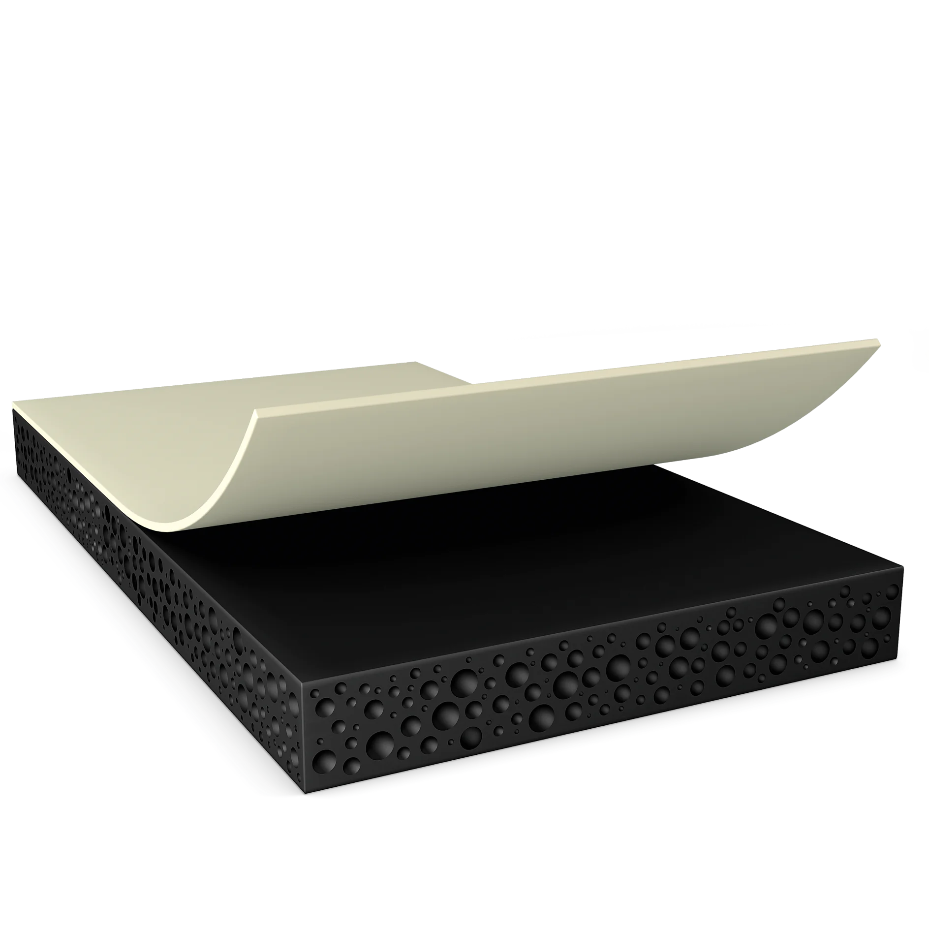 tesa kleefband met een witte achterkant die gedeeltelijk is losgetrokken, weergegeven op een zwart, getextureerd oppervlak tegen een witte achtergrond (This text has been generated by AI)