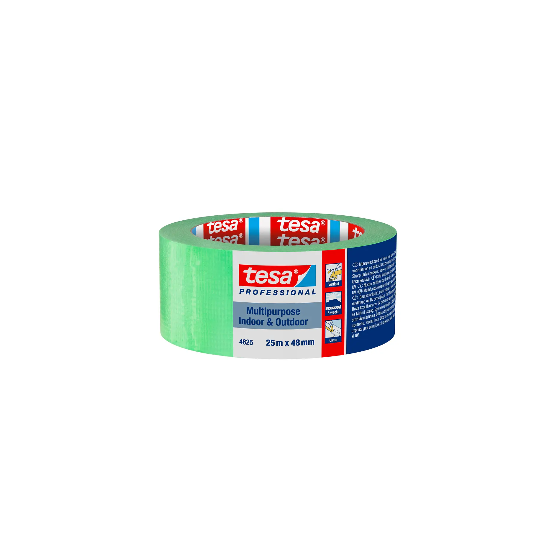 tesa green adhesive tape roll with product label, isolated on white background, studio setting (This text has been generated by AI)