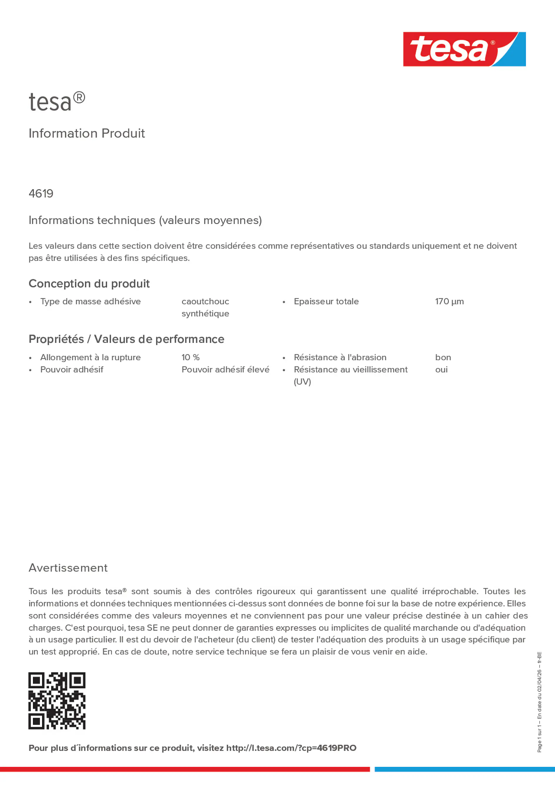 Product information_tesa® 4619PRO_fr-BE_nl-BE