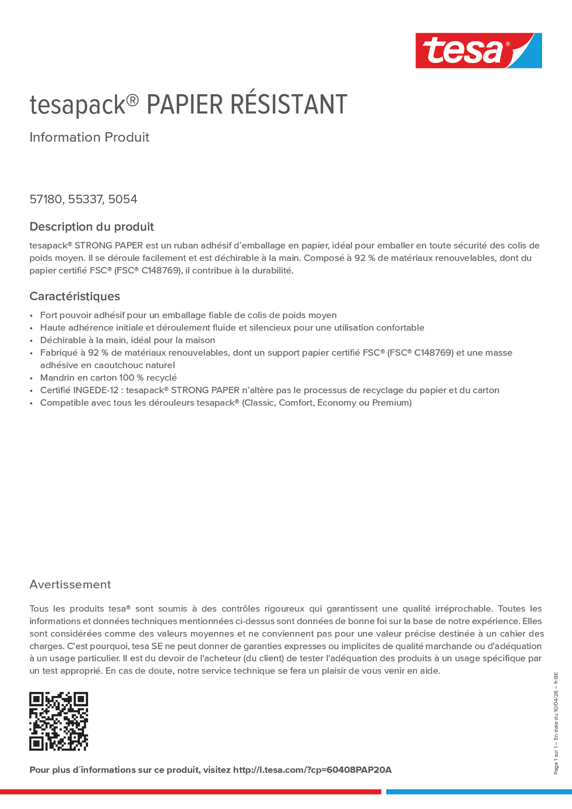 Product information_tesapack® 60408PAP20A_fr-BE_nl-BE