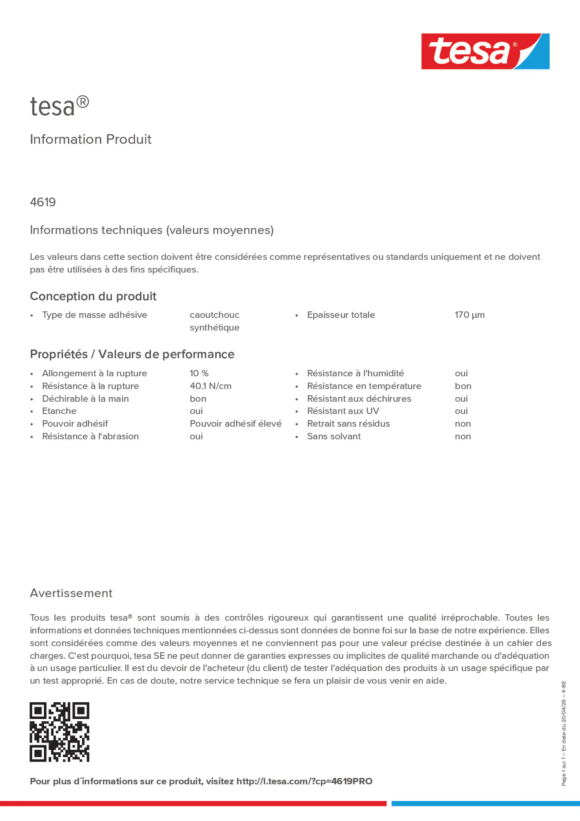 Product information_tesa® 4619PRO_fr-BE_nl-BE