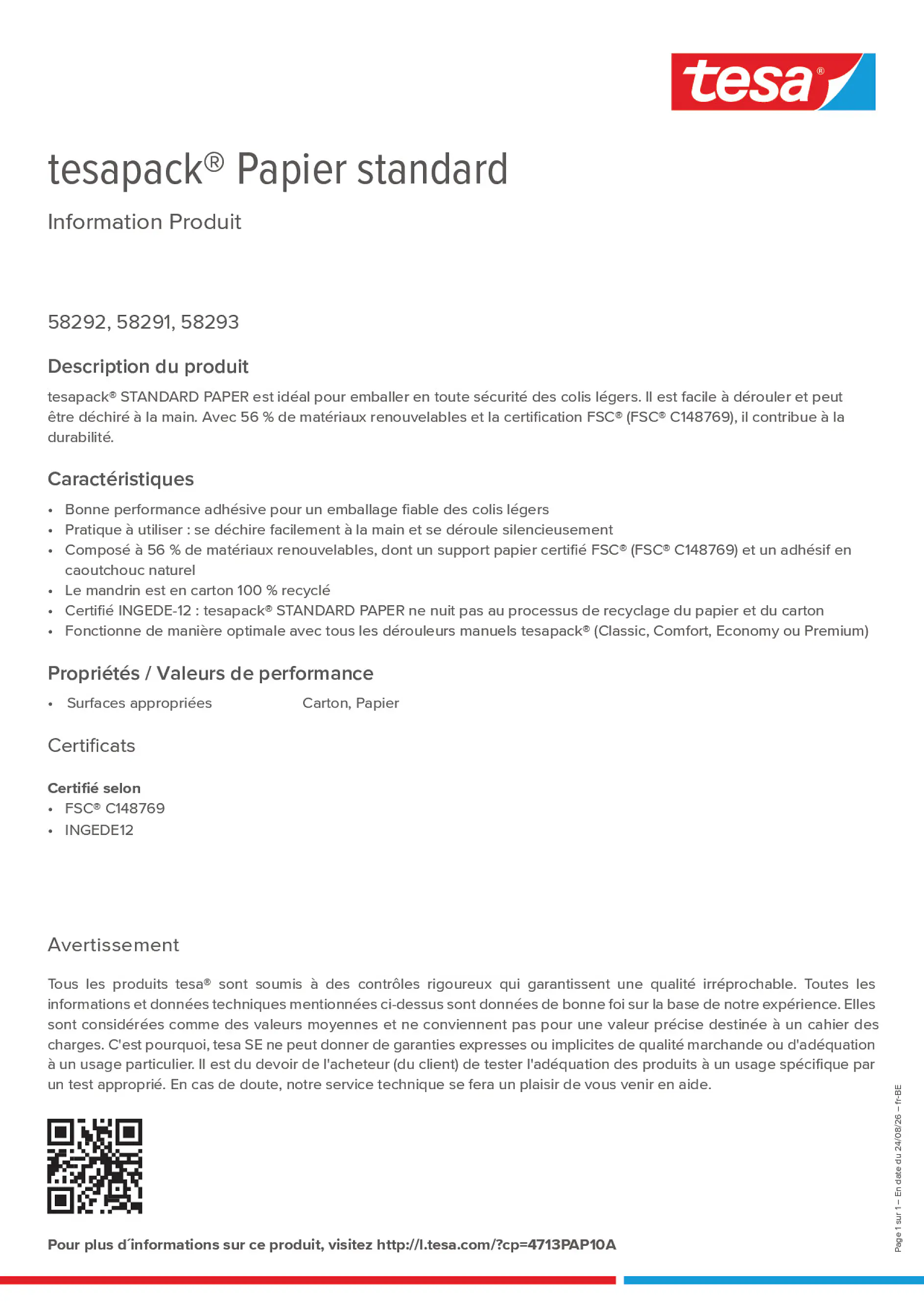 Product information_tesapack® 4713PAP10A_fr-BE_nl-BE