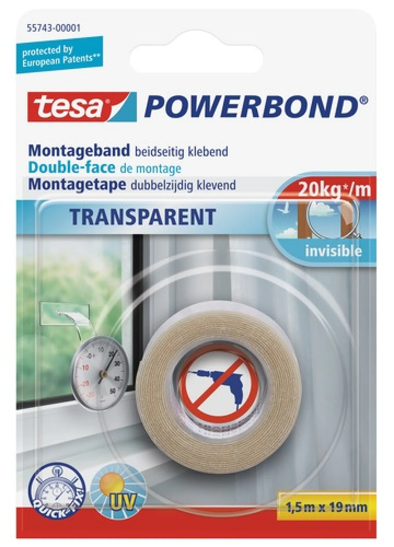 tesa® Powerbond TRANSPARENT is a versatile mounting tape for many indoor applications. The double-sided self-adhesive tape is perfectly suited to fix any transparent object or anything that needs to be attached to a transparent surface. It is crystal clear and extra thin and will stick to any flat surface made of materials such as glass, tiles, wood and most plastics. In good bonding conditions, a strip of just 10 cm is enough to hold a weight of up to 2 kg.