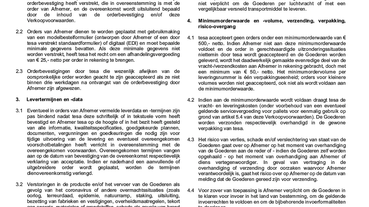 Algemene verkoop- en leveringsvoorwaarden tesa B.V.