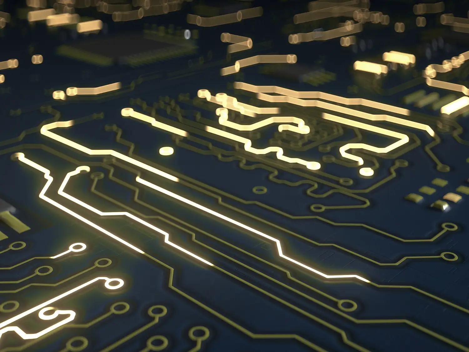 Blauw elektrisch circuit. Concept informatica of elektronica. 3D render illustratie met ondiepe scherptediepte