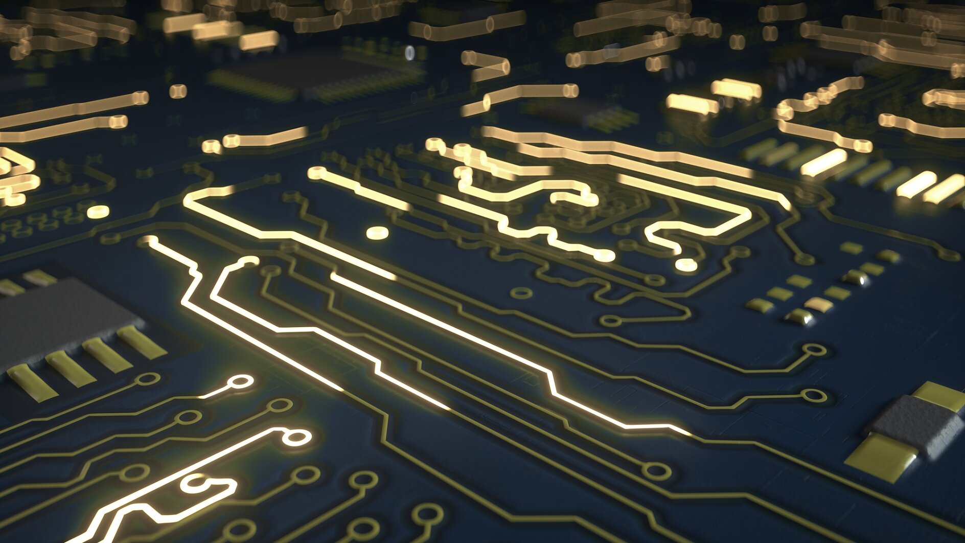 Blauw elektrisch circuit. Concept informatica of elektronica. 3D render illustratie met ondiepe scherptediepte