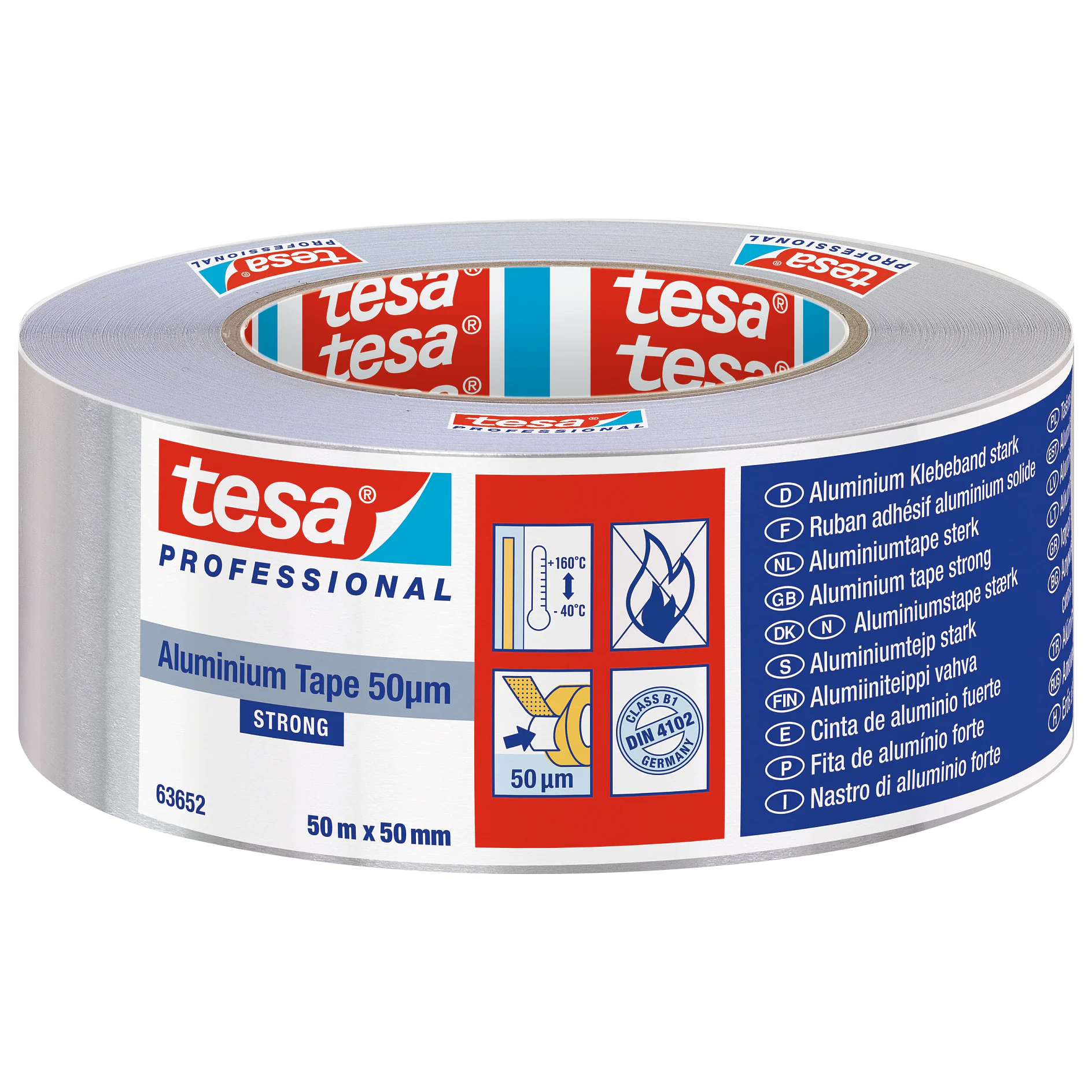 tesa professional aluminum tape roll with 50µm thickness, 50mm width, and 50m length, showing product branding and safety icons on packaging. (This text has been generated by AI)