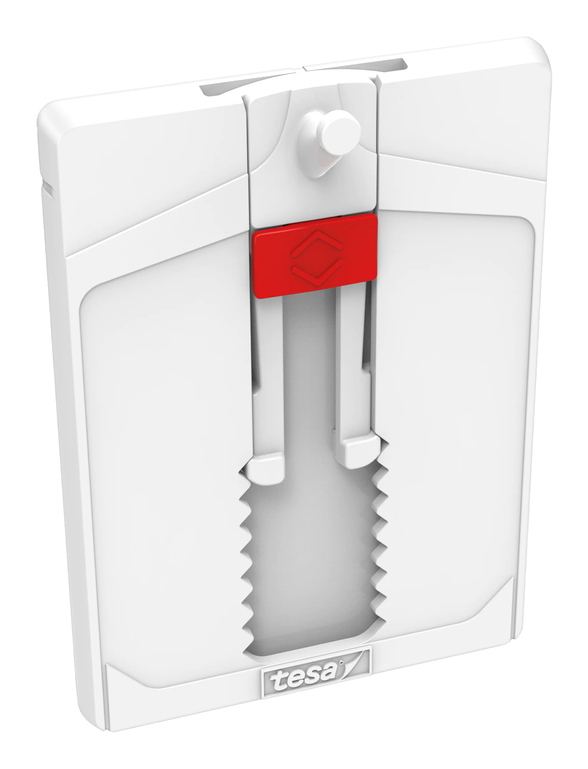 The image shows a white tesa tape wall hook with a red slider mechanism. The hook features a gear-like design for adjustable positioning and a brand logo at the bottom. Its designed for easy and secure wall mounting. (This text has been generated by AI)