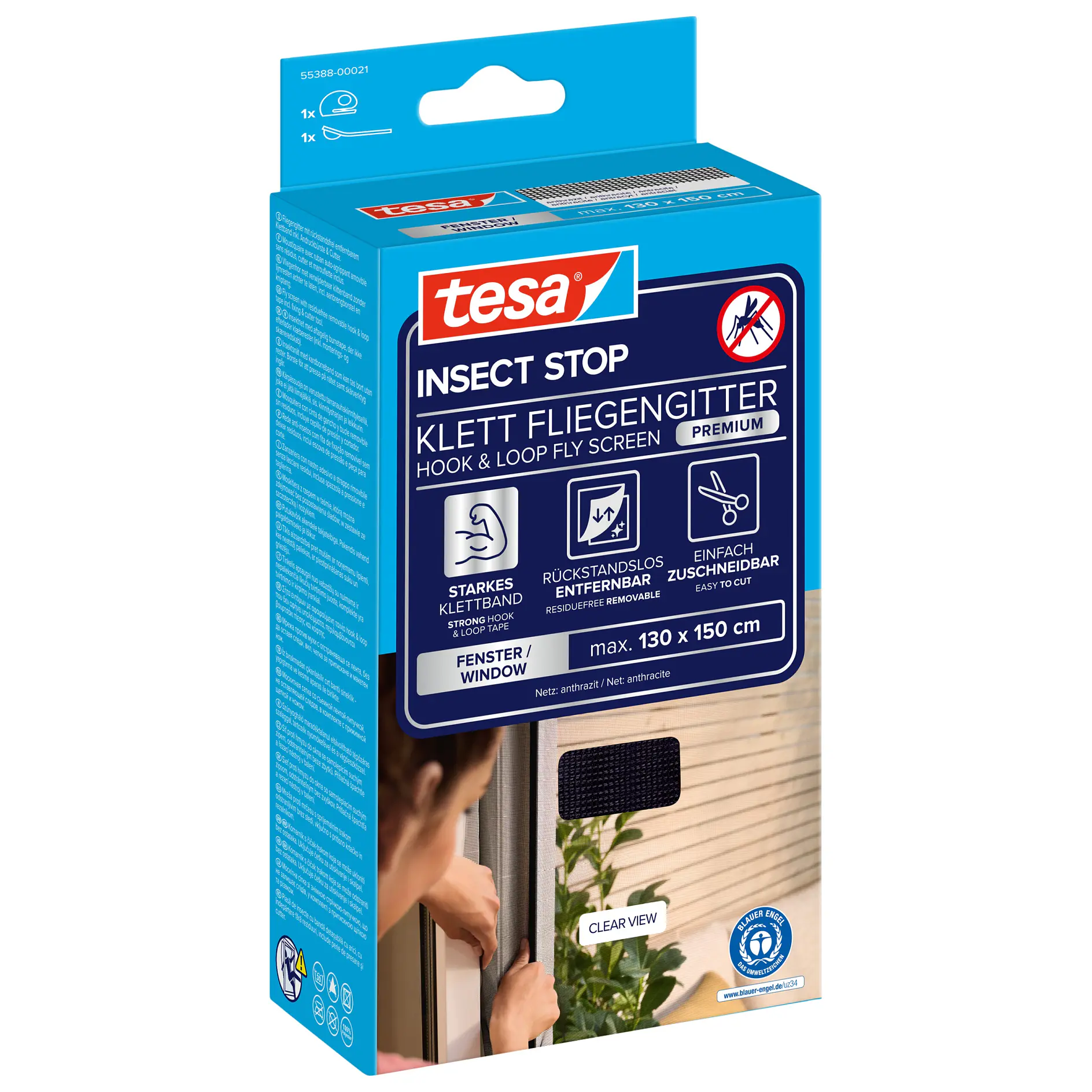 tesa insect stop hook and loop fly screen packaging showing product features and installation on a door frame in an indoor setting (This text has been generated by AI)