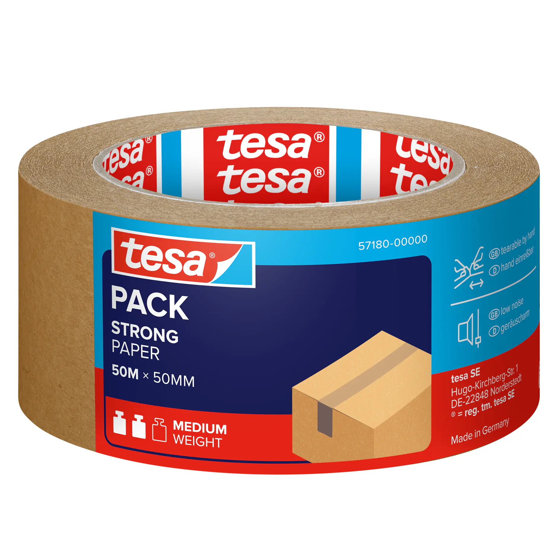 tesa pack strong paper tape roll, 50m length and 50mm width, medium weight, designed for sealing cardboard boxes, shown against white background (This text has been generated by AI)