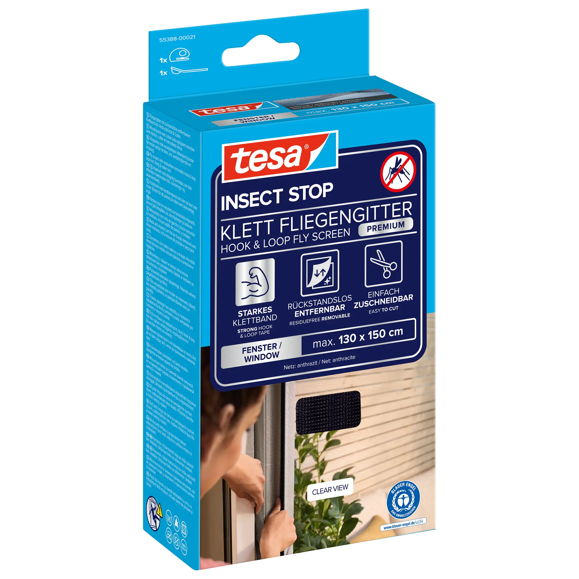 tesa insect stop hook and loop fly screen packaging showing product features and installation on a door frame in an indoor setting (This text has been generated by AI)