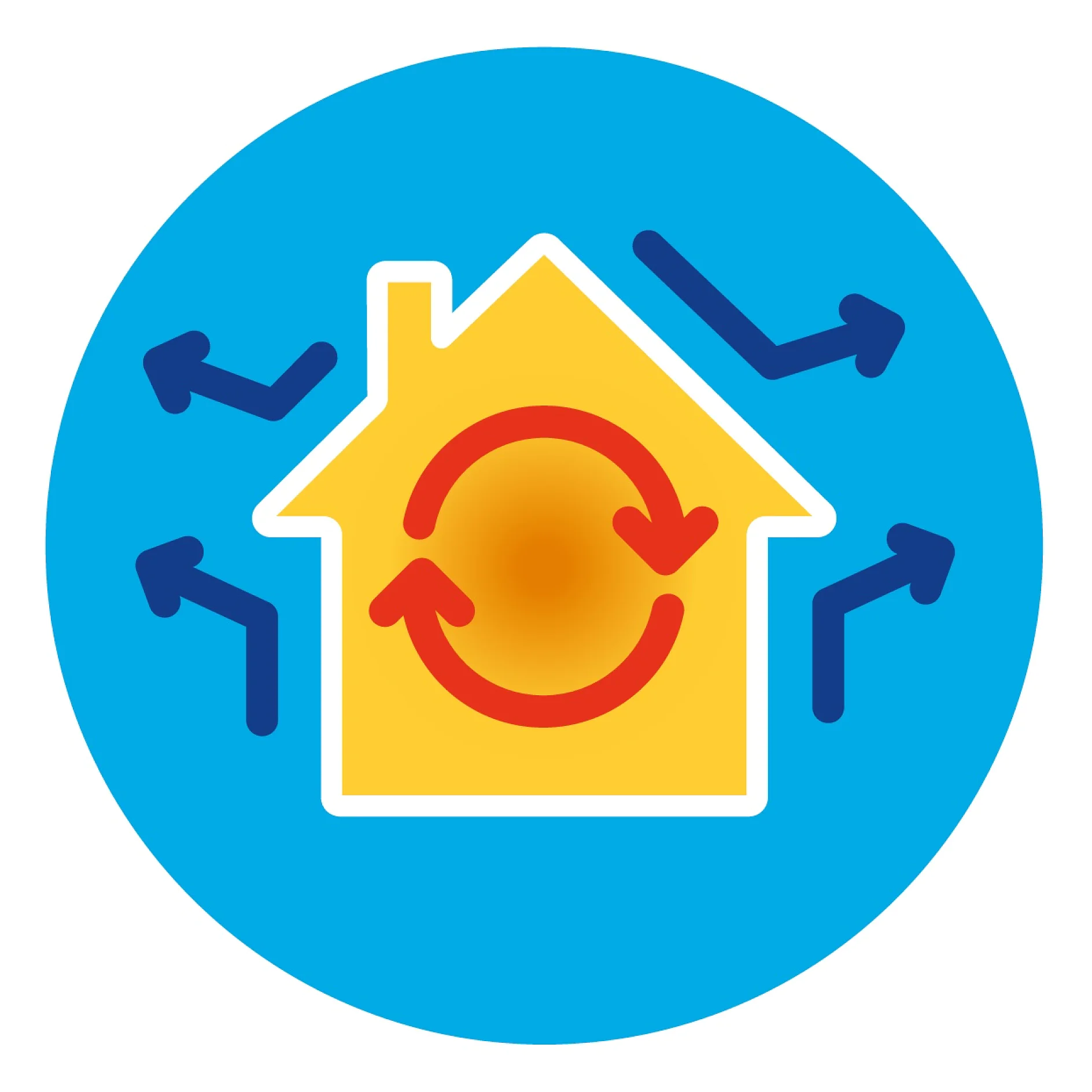 Een geel huisicoon met een rood cirkelvormig pijlsymbool erin, omringd door blauwe pijlen die naar buiten wijzen, op een blauwe cirkelvormige tesa tape achtergrond. (This text has been generated by AI)