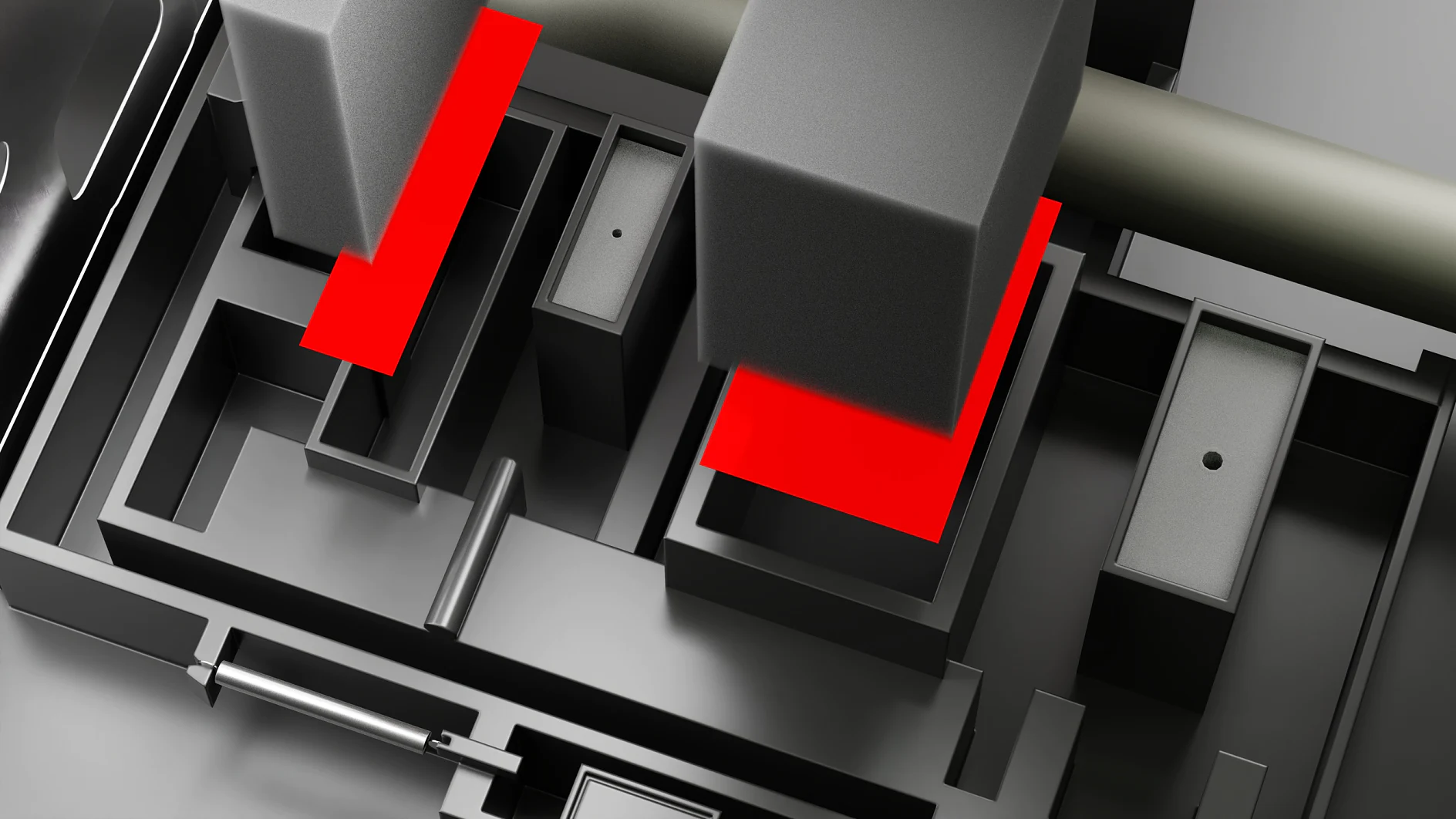 twee grijze industriële machines met rode accenten geplaatst op een metalen basis in een binnenlandse productieomgeving (This text has been generated by AI)