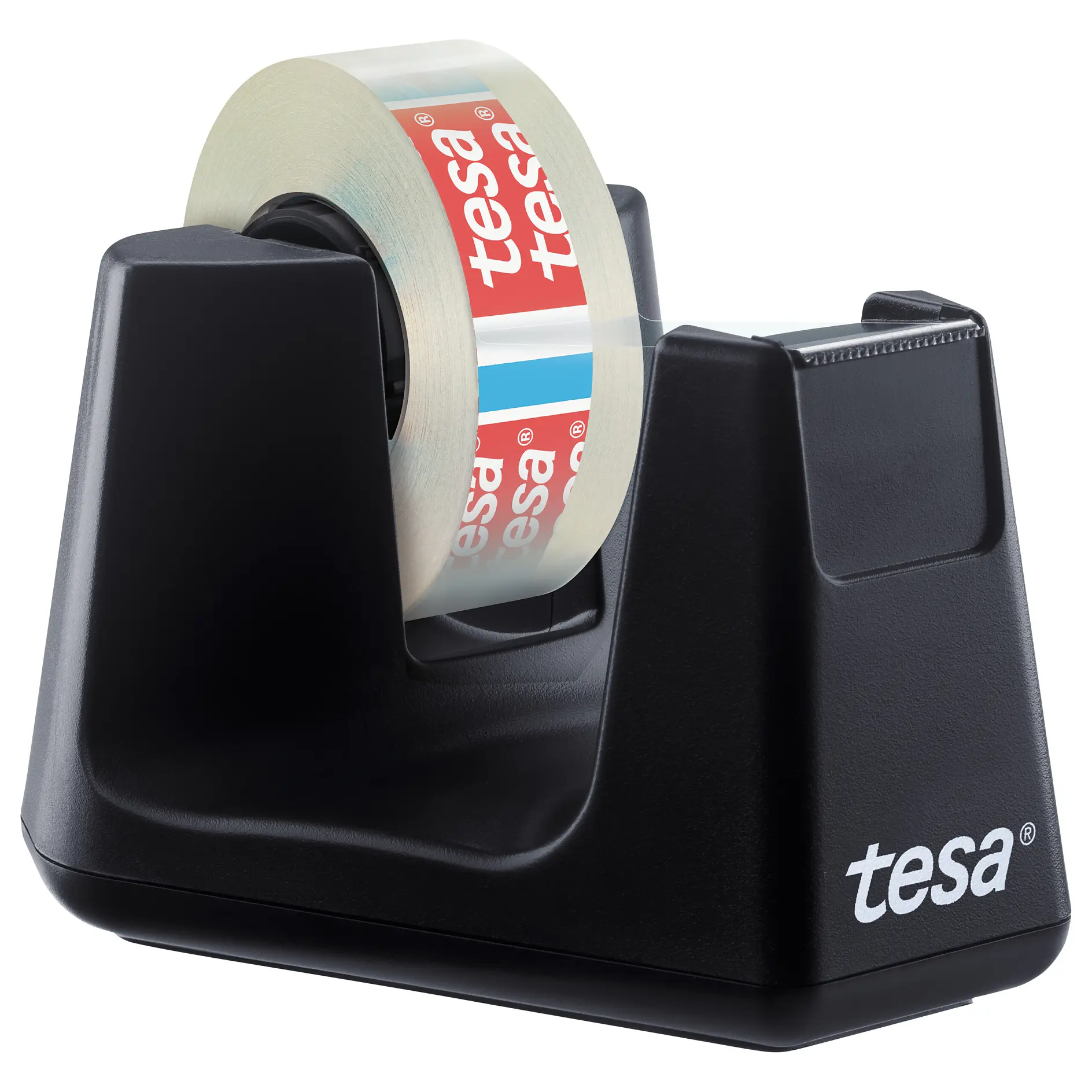 Black tesa tape dispenser holding a roll of transparent adhesive tape with tesa branding, isolated on white background. (This text has been generated by AI)