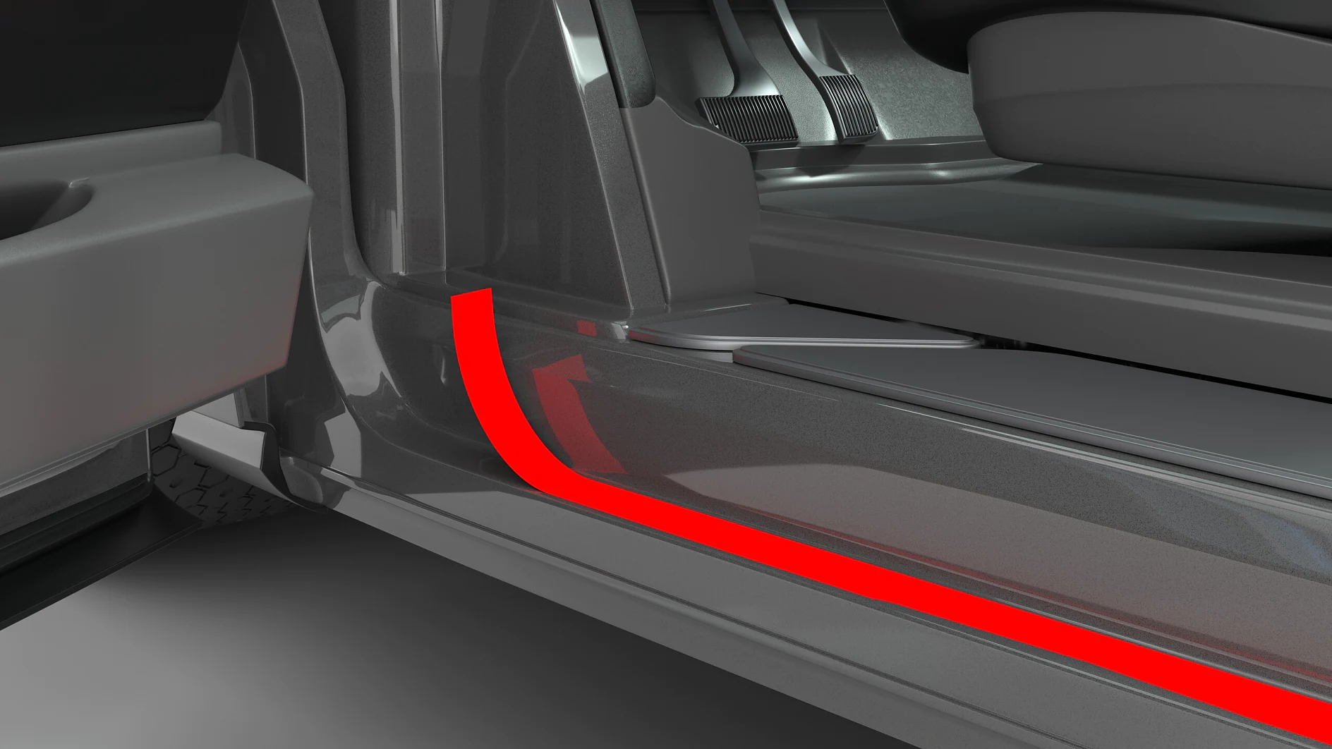 tesa-blauwe strip met merklogo op de dorpel van een zwart auto-interieur, met zicht op een deel van de bestuurdersstoel en voetenruimte (This text has been generated by AI)