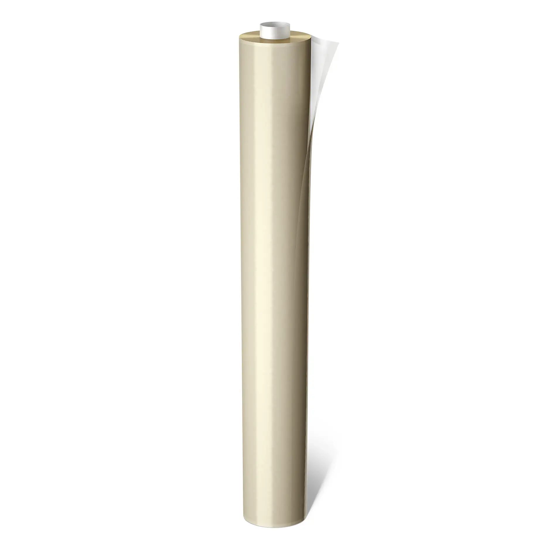 tesa beige adhesive tape roll standing upright on a white background with a loose end peeling away (This text has been generated by AI)
