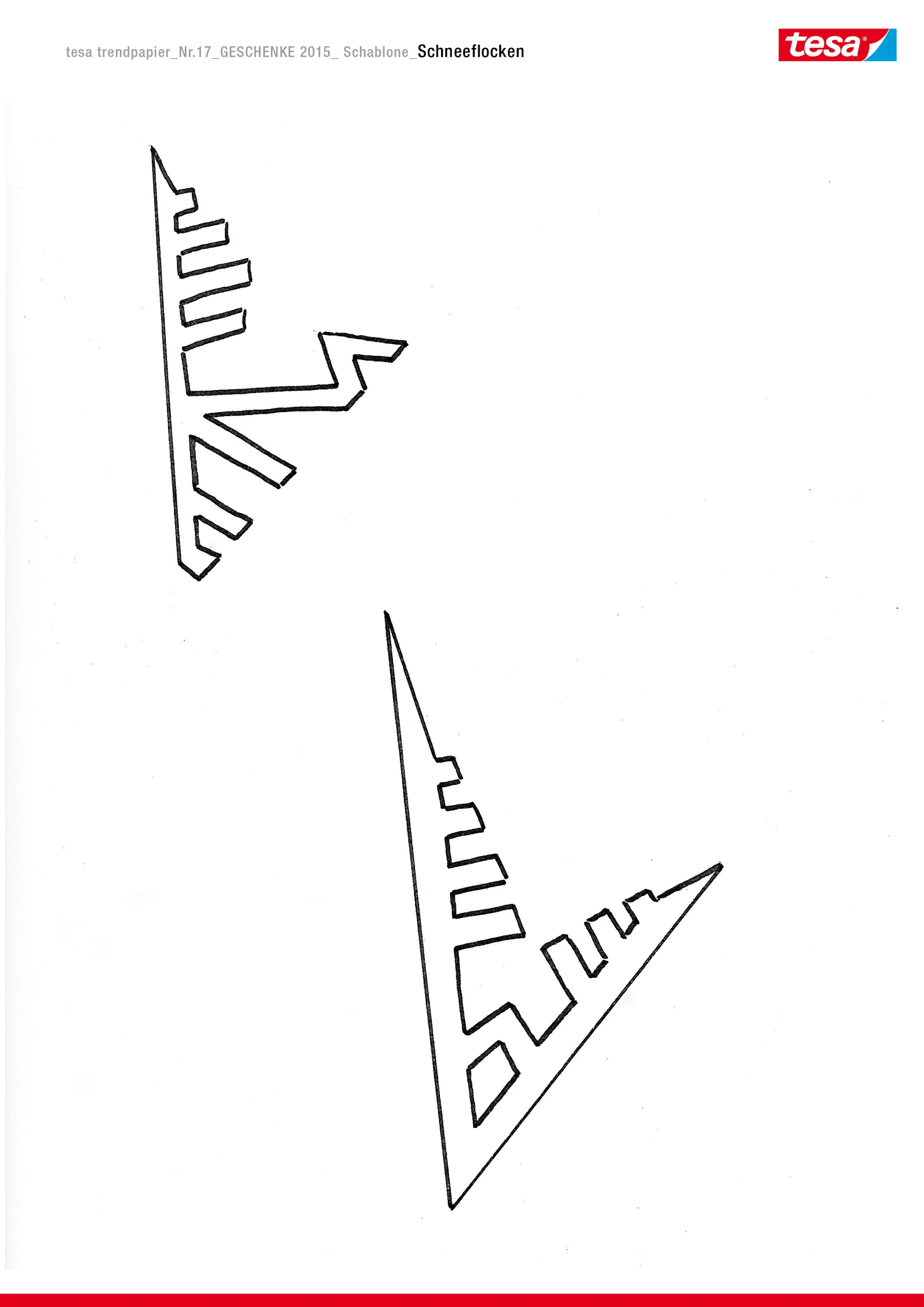 Diagram przedstawiający dwa abstrakcyjne trójkątne kształty z geometrycznymi wyciętymi wzorami na białym tle. Każdy kształt ma wiele prostokątnych sekcji usuniętych z konturu, tworząc stylizowany wygląd płatka śniegu utrzymywany razem przez taśmę tesa. (This text has been generated by AI)