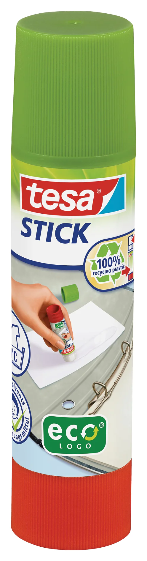 Klej w sztyfcie oznaczony etykietą „tesa Stick” z zieloną nasadką, przedstawiający przyjazne dla środowiska logo i „100% przetworzonego plastiku”. Opakowanie zawiera ilustrację dłoni nakładającej klej na papier. (This text has been generated by AI)