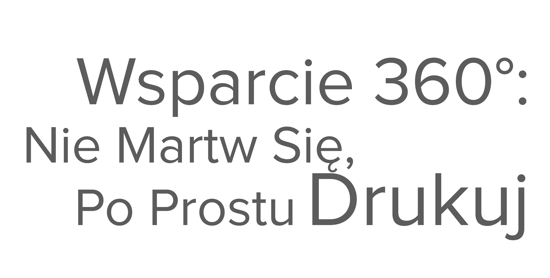 Na obrazie widoczny jest polski tekst w szarych literach na białym tle: „Wsparcie 360°: Nie Martw Się, Po Prostu Drukuj”. Obramowanie plakatu jest zabezpieczone taśmą tesa, dzięki czemu krawędzie leżą płasko i mocno na swoim miejscu. (This text has been generated by AI)