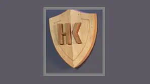 Drewniany emblemat tarczy z literami „HK” w podniesionym, ciemnym drewnie jest osadzony na szarym tle. Tarcza ma naturalną fakturę słojów drewna i prosty, klasyczny design. (This text has been generated by AI)