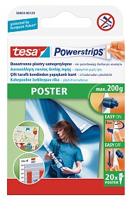 Na zdjęciu przedstawiono opakowanie tesa Powerstrips. Promuje ono paski klejące „Poster” o wytrzymałości do 200 g. Opakowanie podkreśla takie cechy, jak łatwa aplikacja i usuwanie, a tekst jest dostępny w wielu językach. Widoczny jest również niebieski pasek i ilustracja dłoni.