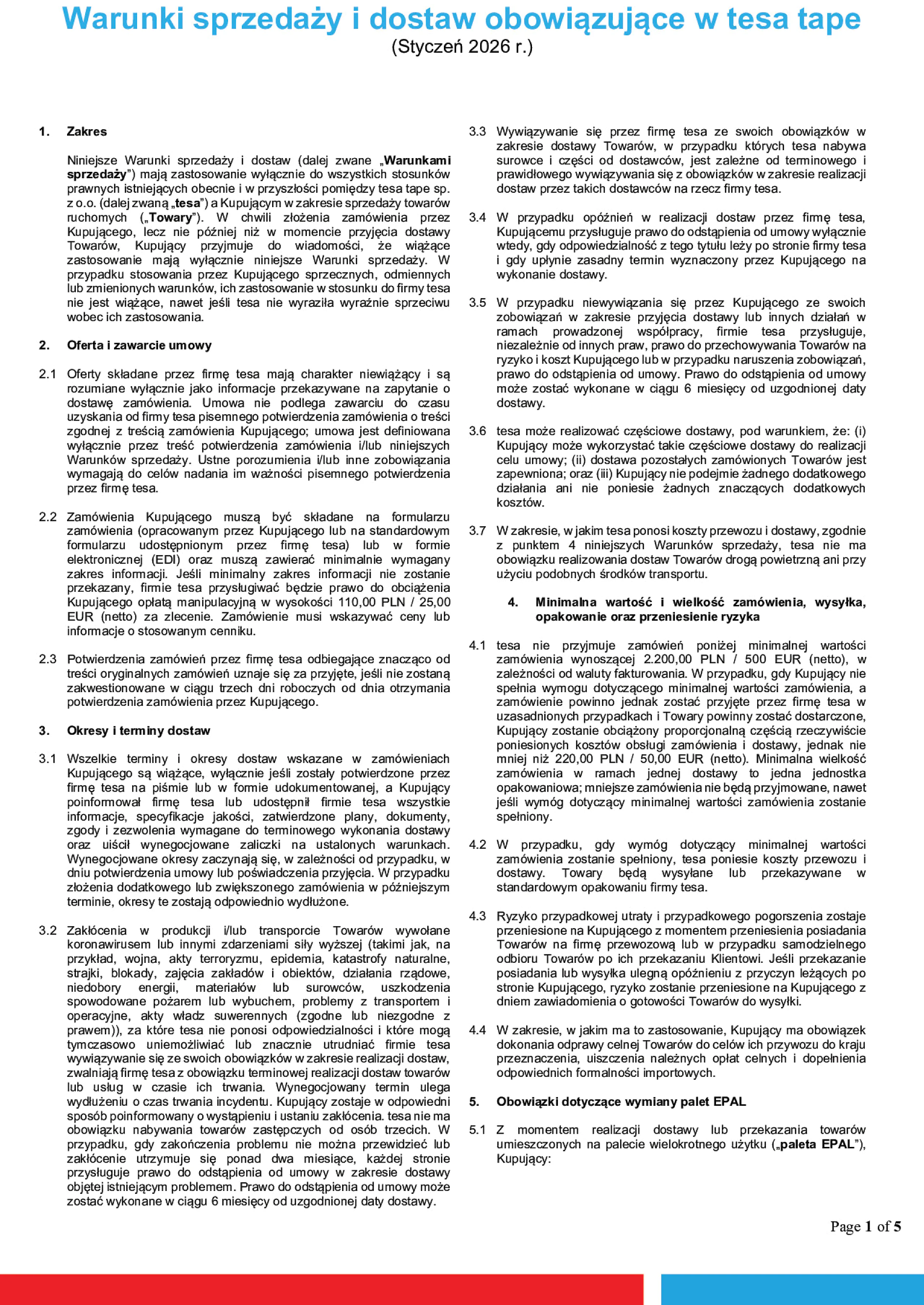 Warunki sprzedaży i dostaw obowiązujące w tesa tape