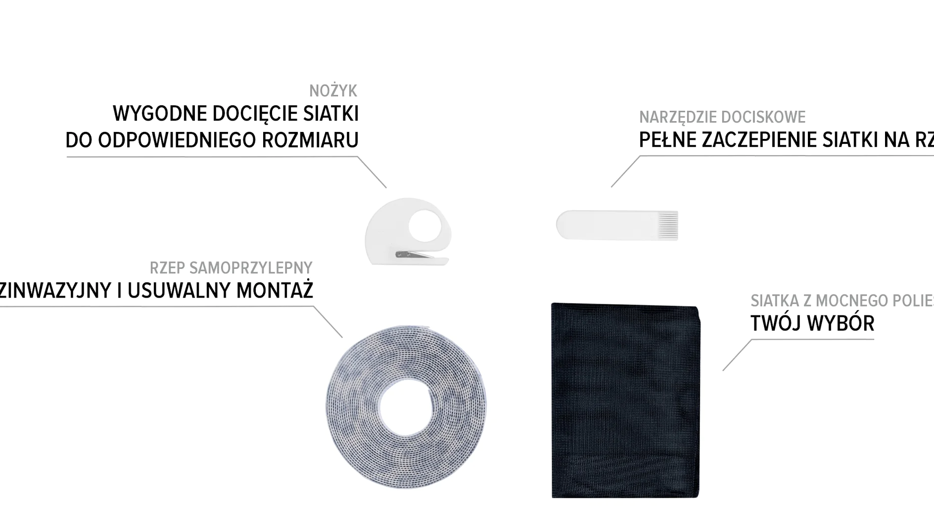 Zestaw narzędzi i materiałów do montażu siatki siatkowej. Zawiera narzędzie tnące, samoprzylepną taśmę Velcro Tesa, narzędzie do prasowania i siatkę poliestrową. Polski tekst opisuje takie cechy, jak łatwe wymiarowanie, taśma klejąca Tesa i mocna siatka poliestrowa. (This text has been generated by AI)