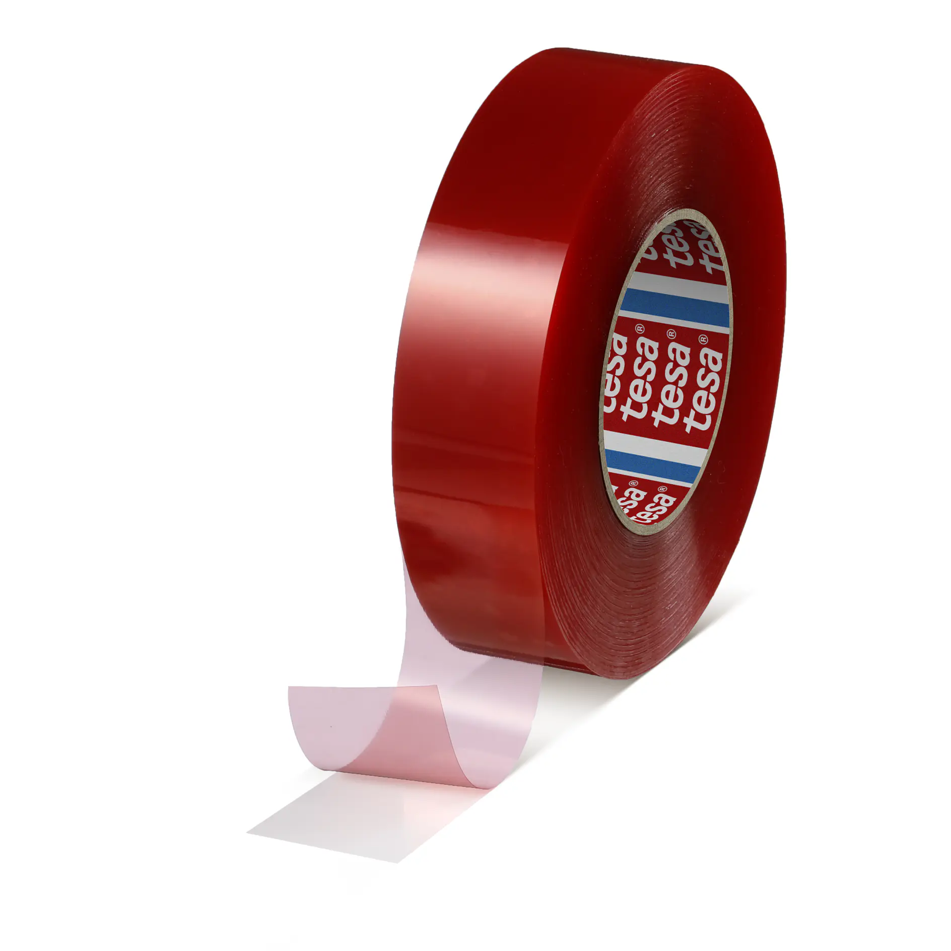roll of red tesa adhesive tape with partially unrolled end on white background (This text has been generated by AI)