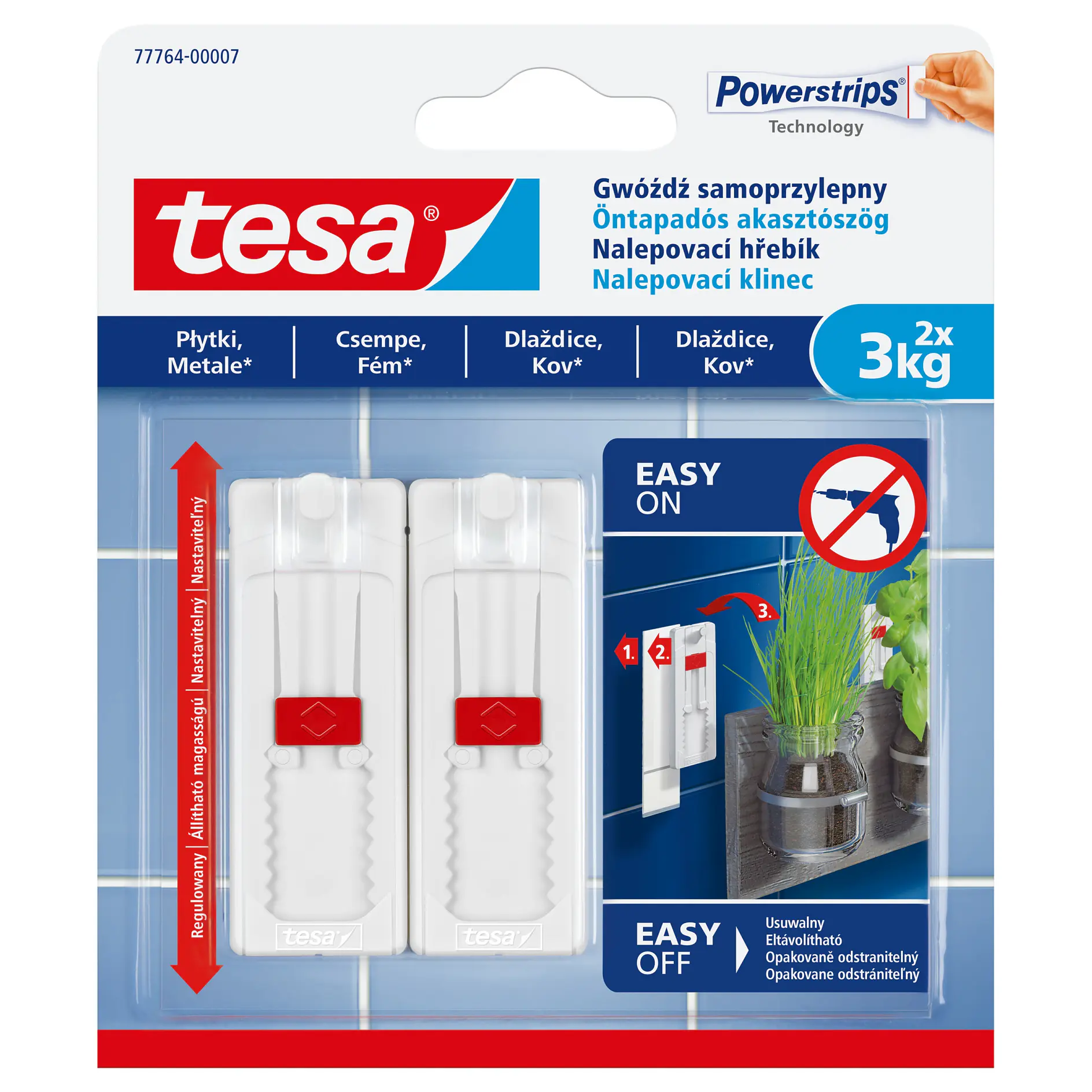 tesa self-adhesive wall hooks for tiles and metal, 2 hooks holding up to 3kg each, shown in packaging with usage example on indoor plant pot (This text has been generated by AI)