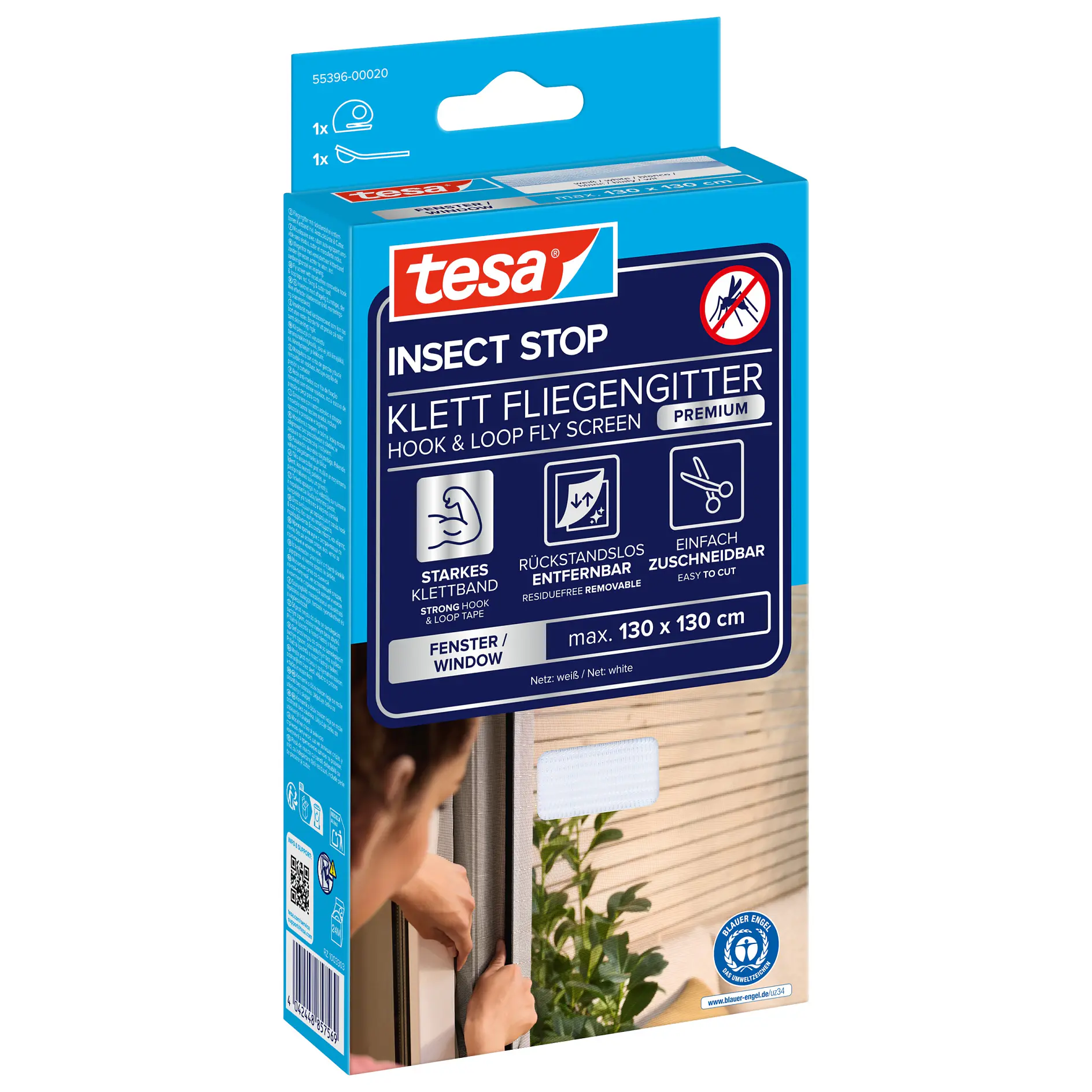 tesa insect stop comfort insect screen for windows, white frame, 1.3m x 1.3m, displayed in packaging with window background. (This text has been generated by AI)