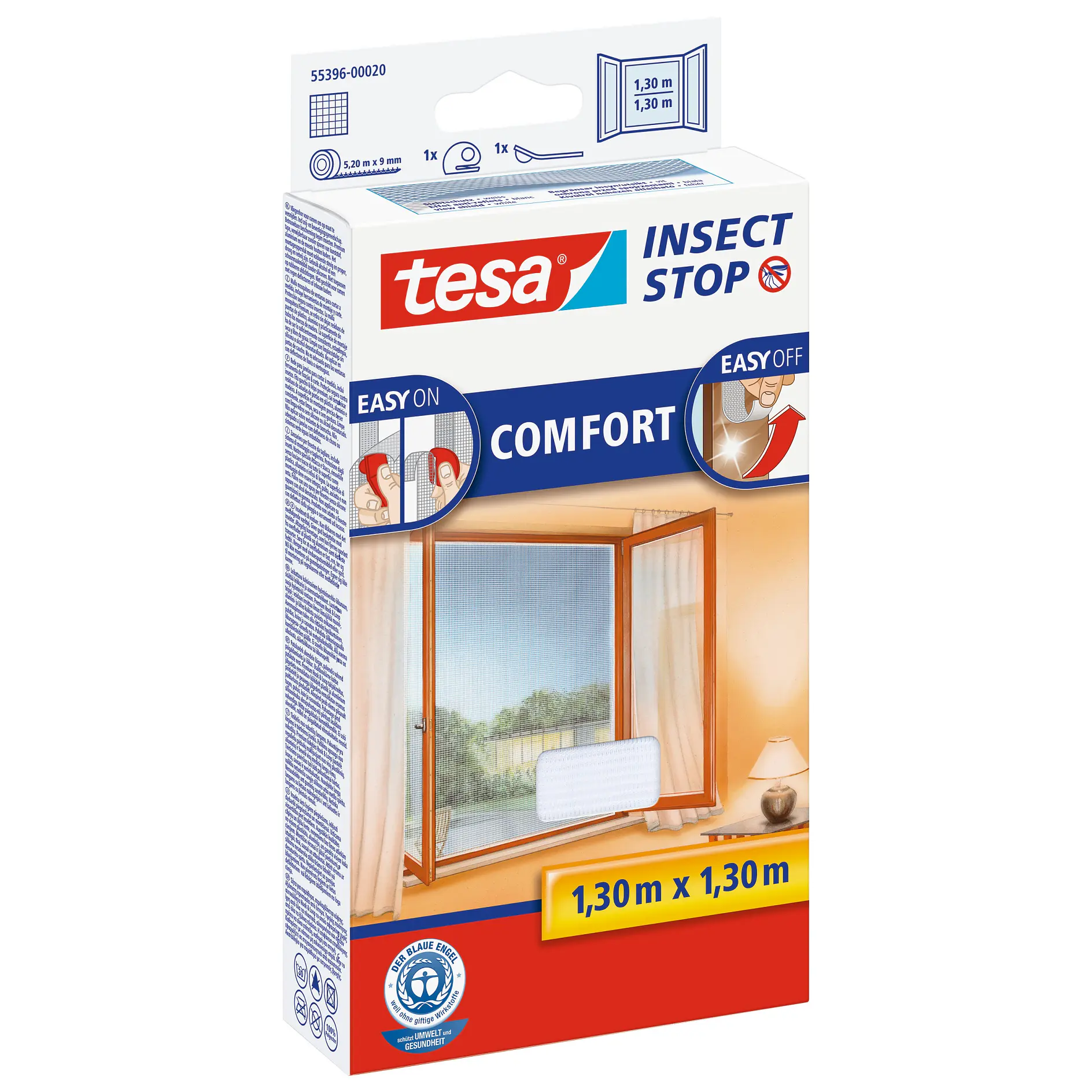tesa insect stop comfort insect screen for windows, white frame, 1.3m x 1.3m, displayed in packaging with window background. (This text has been generated by AI)