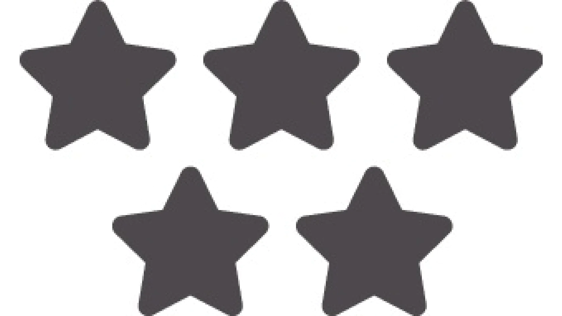 Five solid black stars arranged in a horizontal row on a white background, adhered using tesa tape. (This text has been generated by AI)