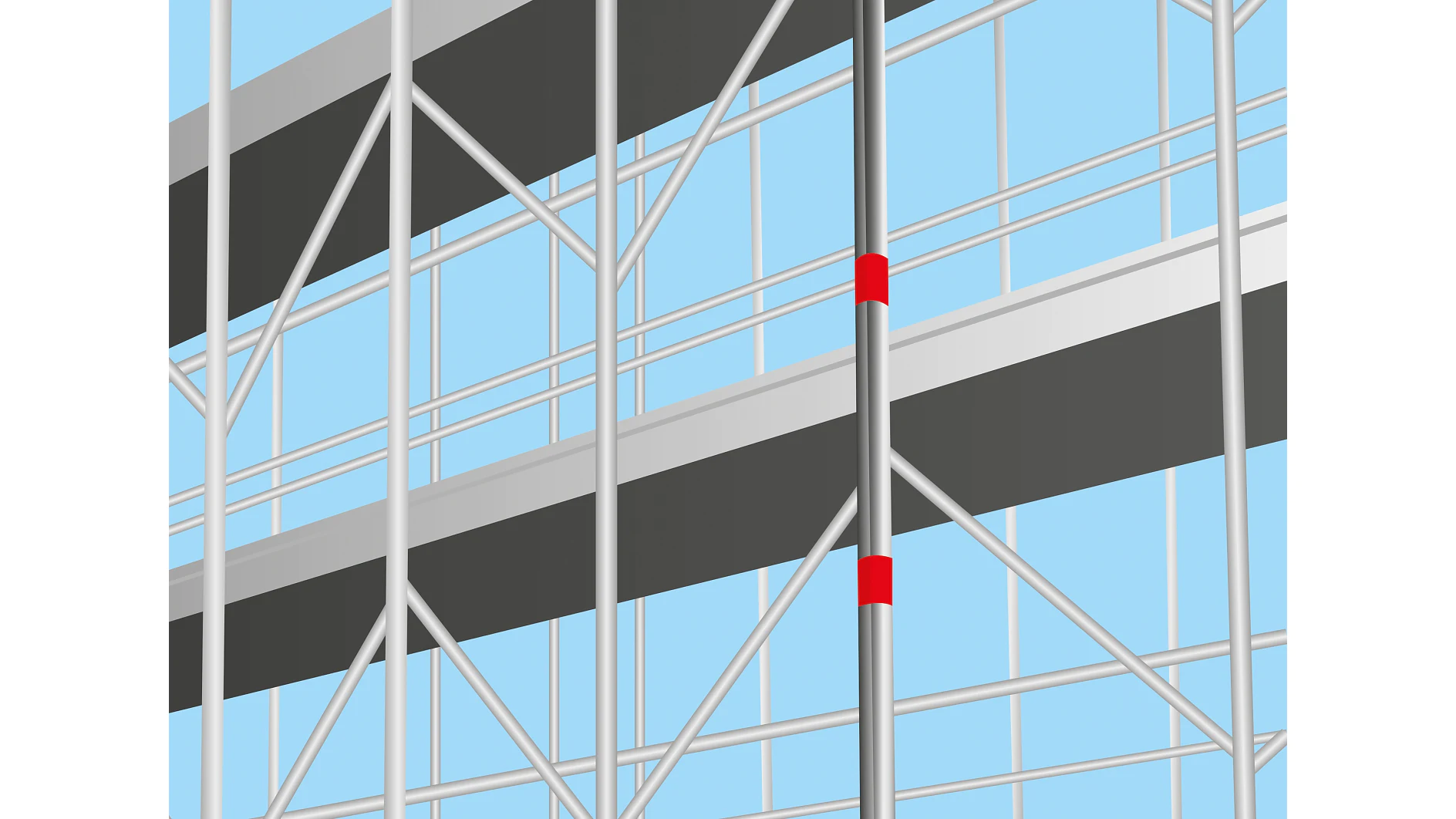A close-up view of a buildings exterior featuring a metal scaffolding structure with crossbars. The background shows glass windows and a clear blue sky reflecting off the buildings surface. (This text has been generated by AI)