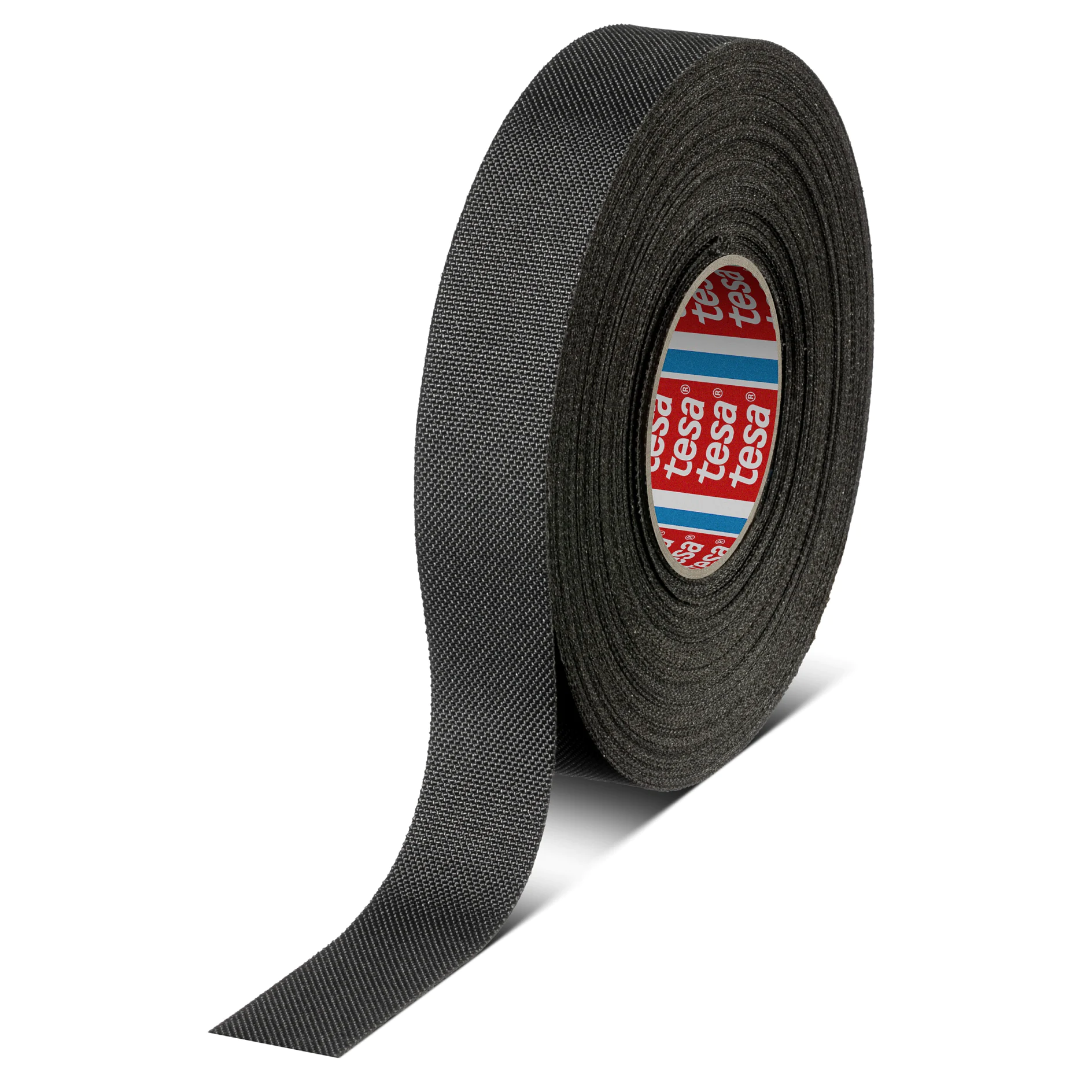 roll of black tesa adhesive tape with partially unrolled strip on white background (This text has been generated by AI)
