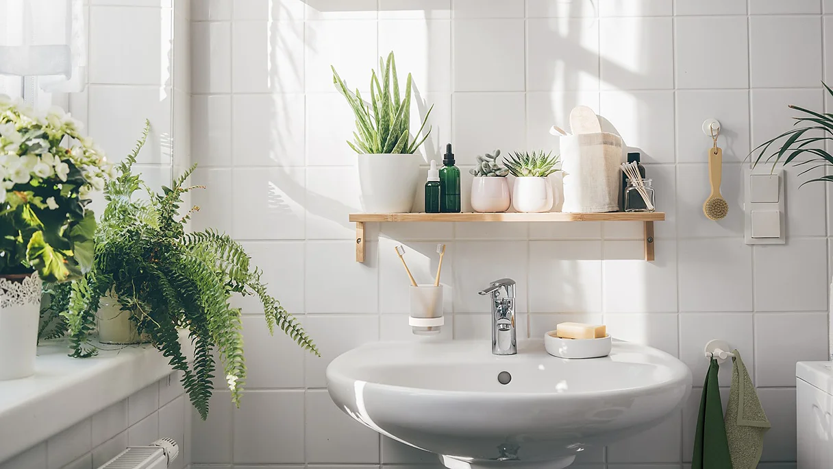 Weiss_Boho_02_v2 A bathroom with a white sink and tiled walls. A wooden shelf above the sink holds plants and toiletries. Green plants are placed on the windowsill and around the sink. A towel hangs on a hook, secured with tesa tape, and sunlight streams through a window. (This text has been generated by AI)