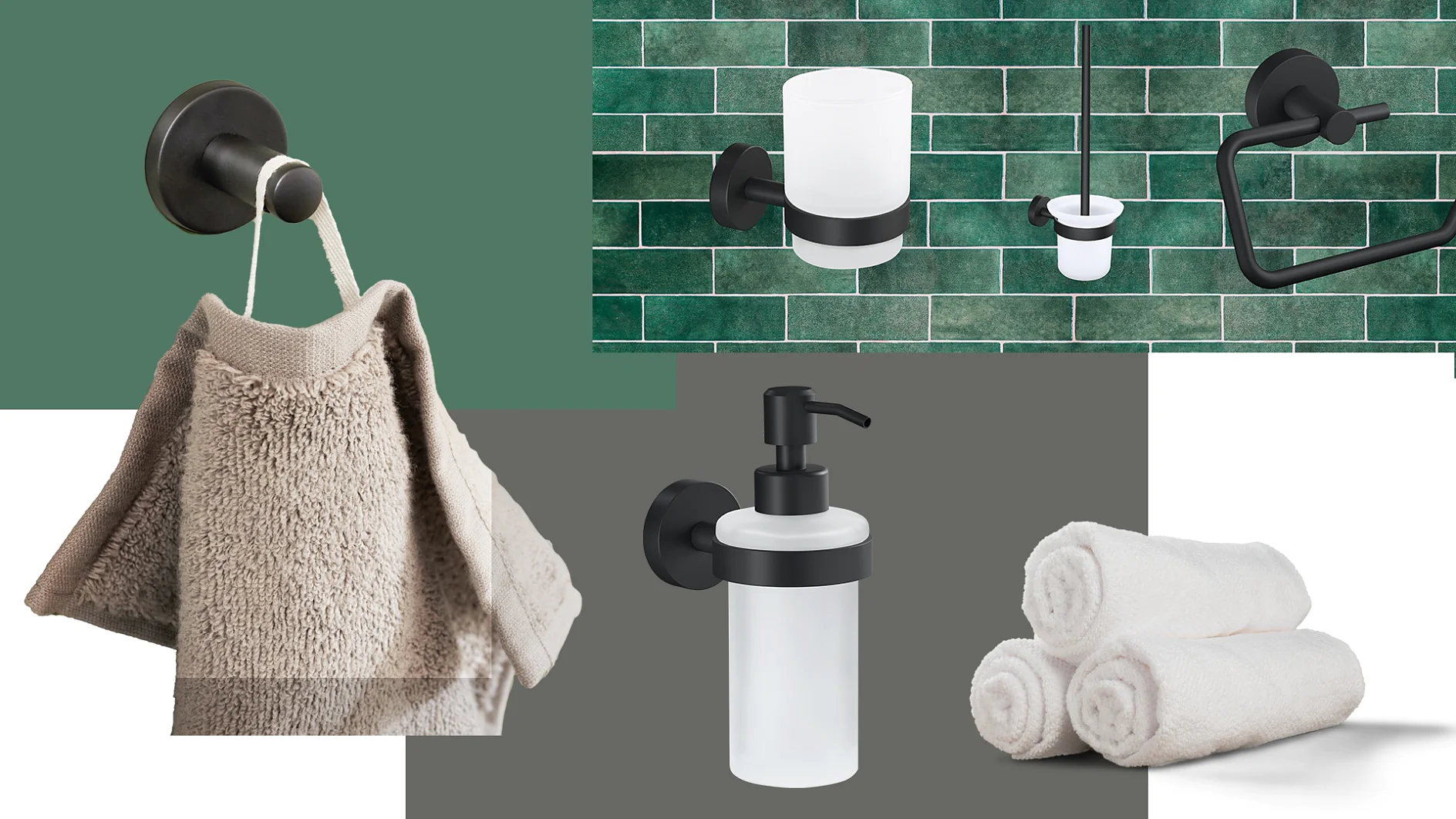animated-mood-board-tip-page A collage of bathroom accessories, including a towel hanging on a hook with tesa tape, a frosted glass tumbler holder secured by tesa tape, a soap dispenser mounted using tesa tape, a toilet paper holder attached with tesa tape, and three rolled white towels. Green tiles form the background of part of the image. (This text has been generated by AI)