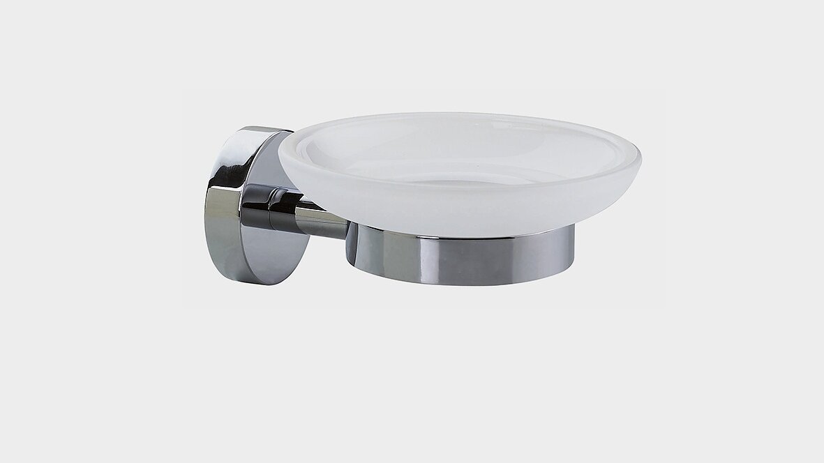 Wall-mounted soap dish with a round, frosted glass holder and a chrome-plated base, secured with tesa tape. The fixture is shown against a plain white background. (This text has been generated by AI)