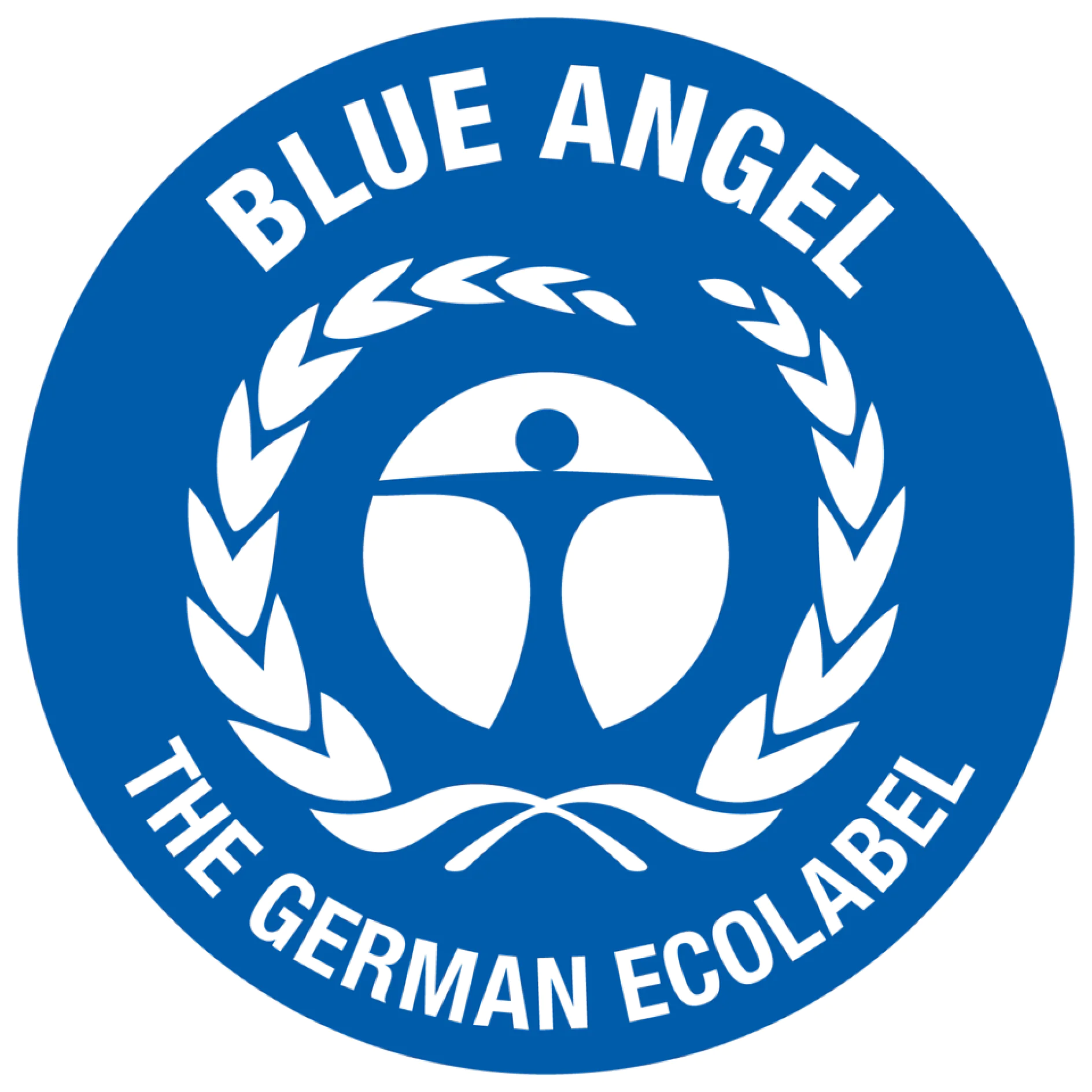Niebieskie, okrągłe logo z białym tekstem, na którym widnieje napis Blue Angel, niemiecki znak ekologiczny, otaczający stylizowaną postać ludzką i gałązki laurowe w środku. (This text has been generated by AI)