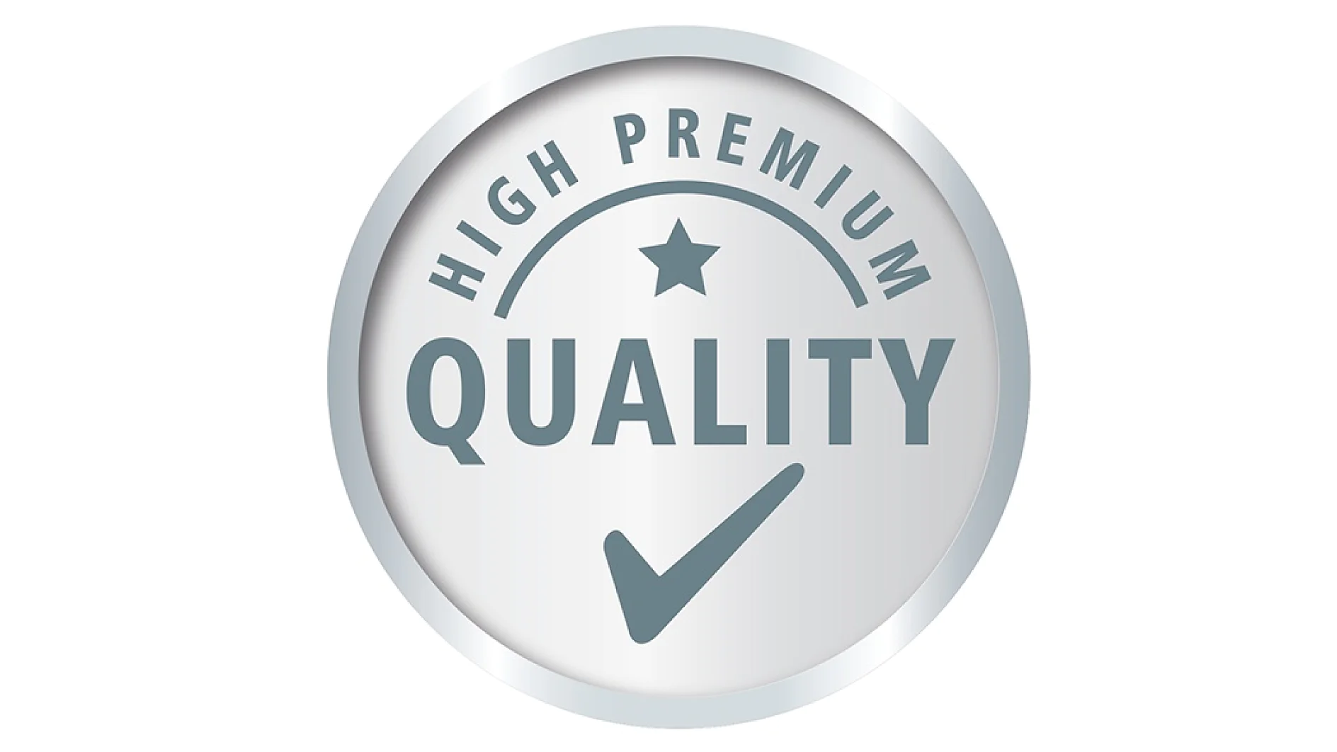 Okrągła plakietka ze srebrnym obramowaniem wyświetla tekst HIGH PREMIUM QUALITY pisany wielkimi literami. Gwiazda jest wyśrodkowana nad słowem QUALITY, a poniżej znajduje się znacznik wyboru. Tło jest gradientem w kolorze jasnoszarym. (This text has been generated by AI)