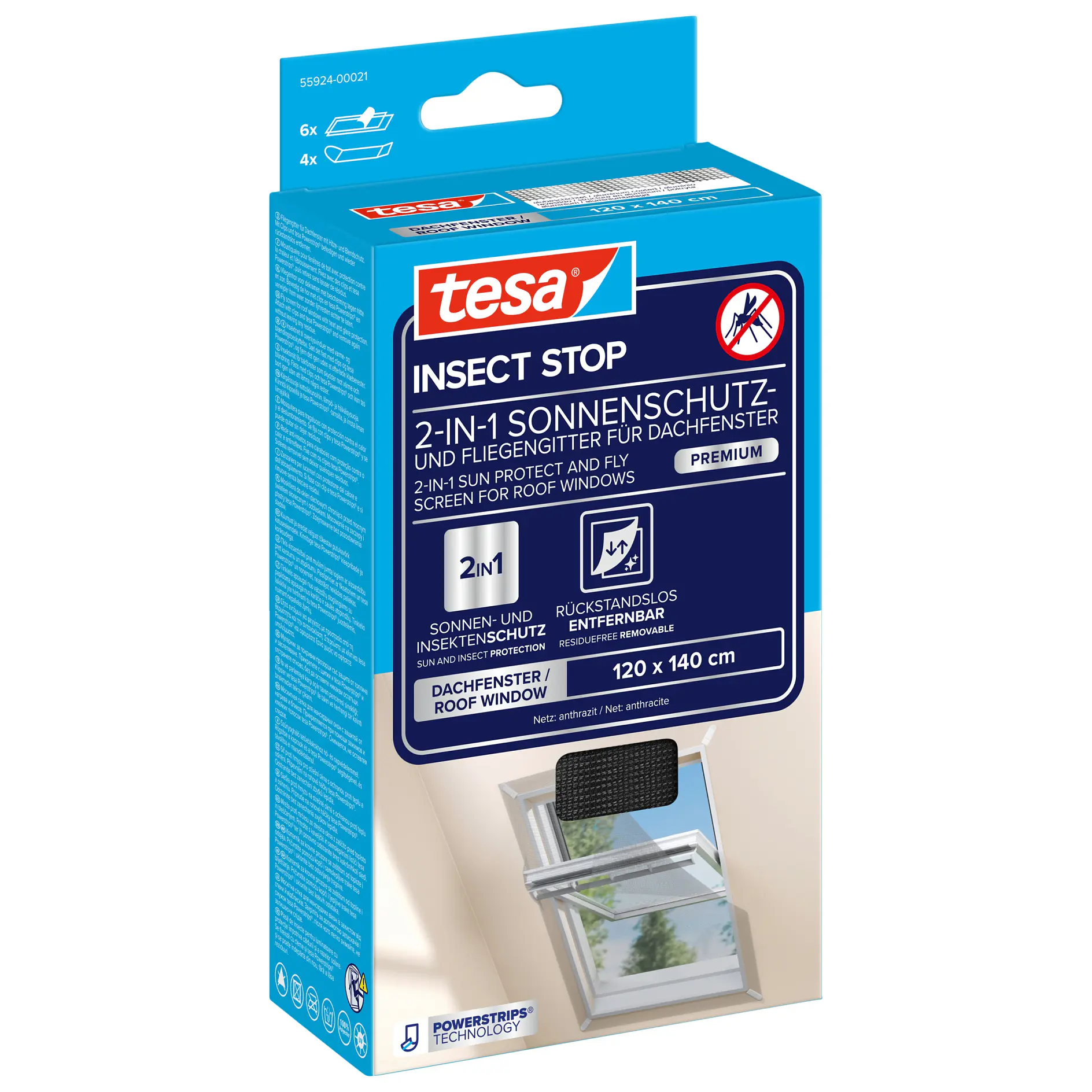 tesa insect stop 2-in-1 sun protection and insect screen for tilt windows, blue packaging with window installation example (This text has been generated by AI)